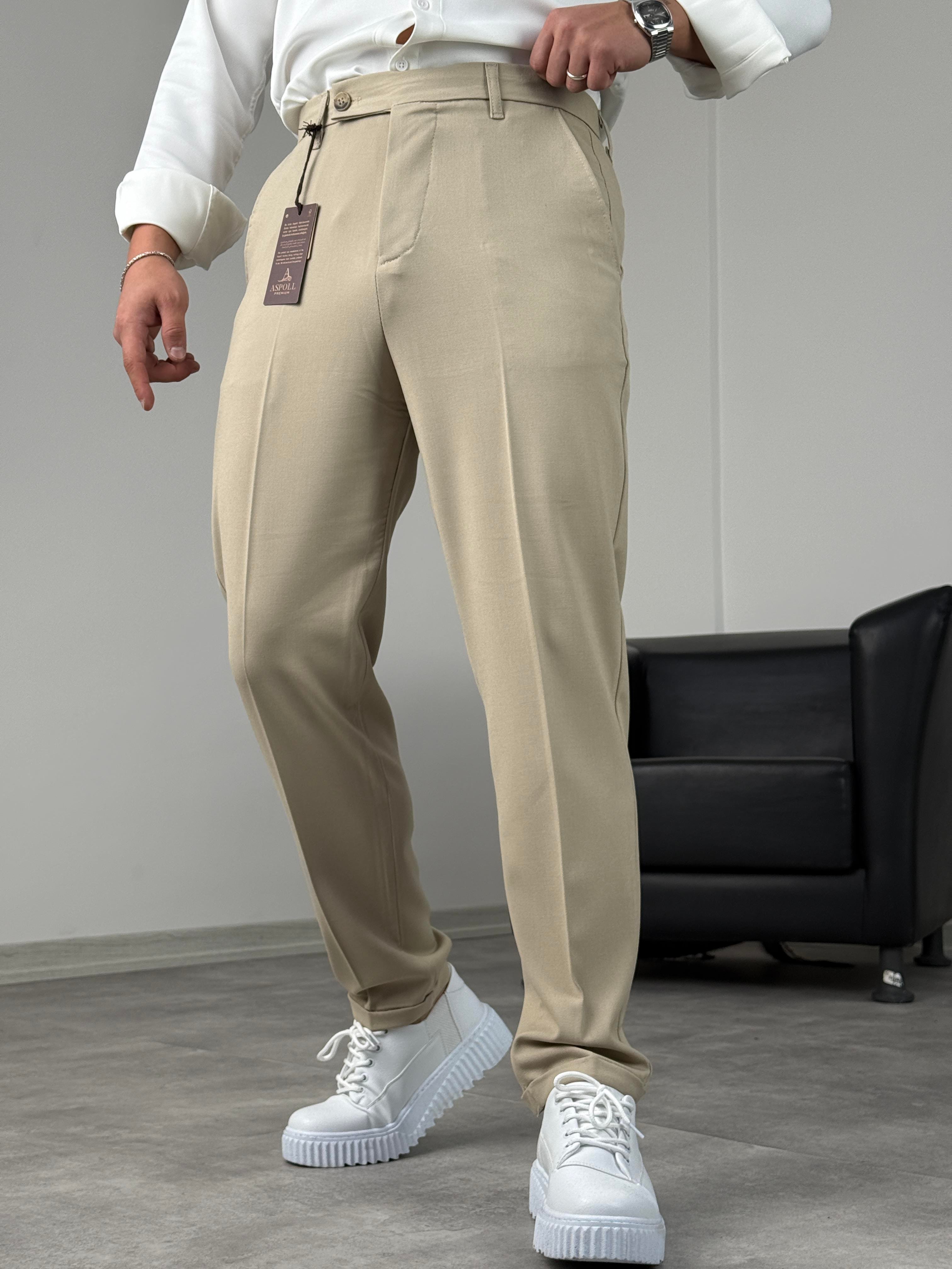 BOYFİREND KALIP DUBLE PAÇA DİLLİ KUMAŞ PANTOLON BEJ