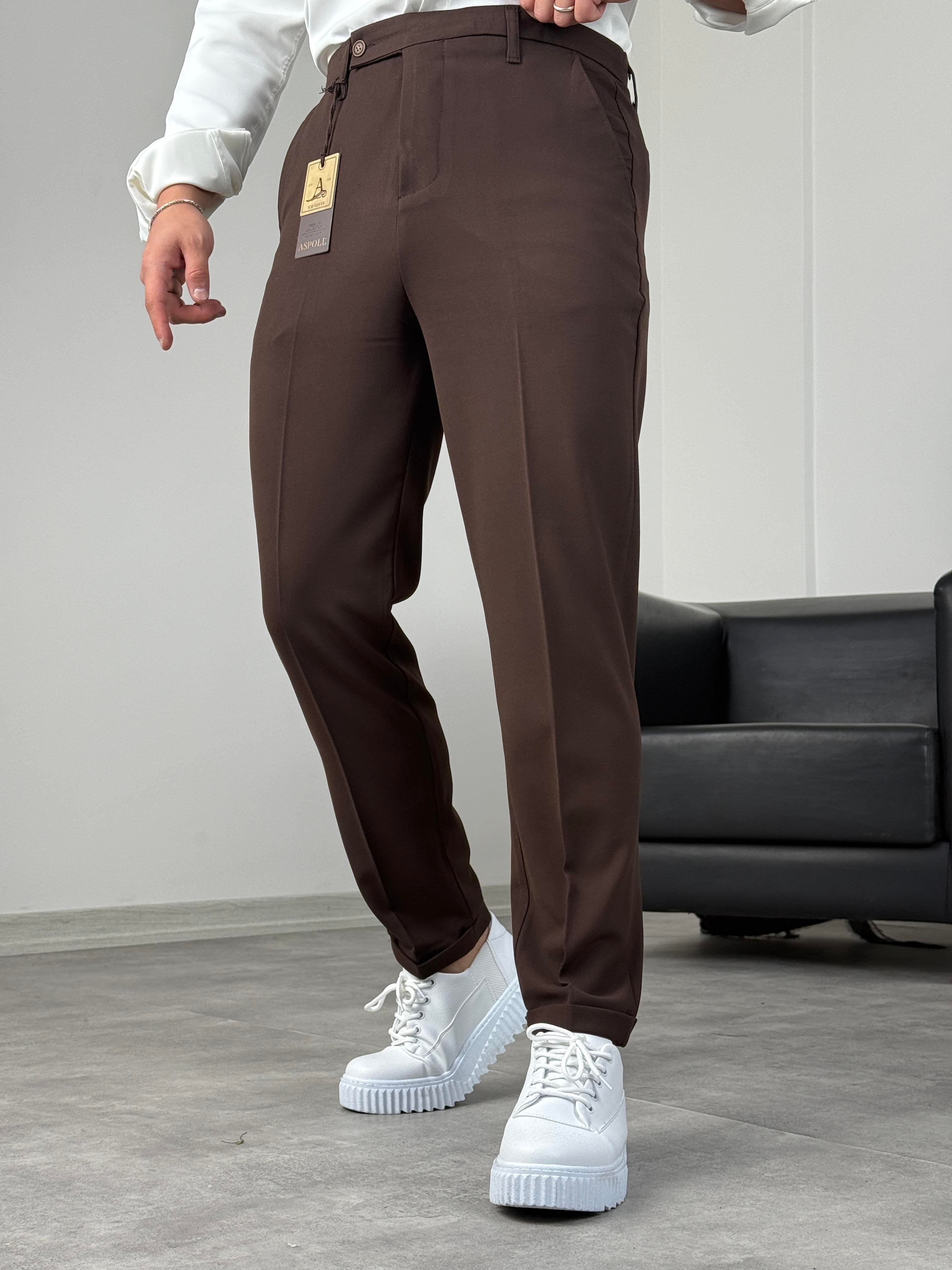 BOYFİREND KALIP DUBLE PAÇA DİLLİ KUMAŞ PANTOLON ACI KAHVE