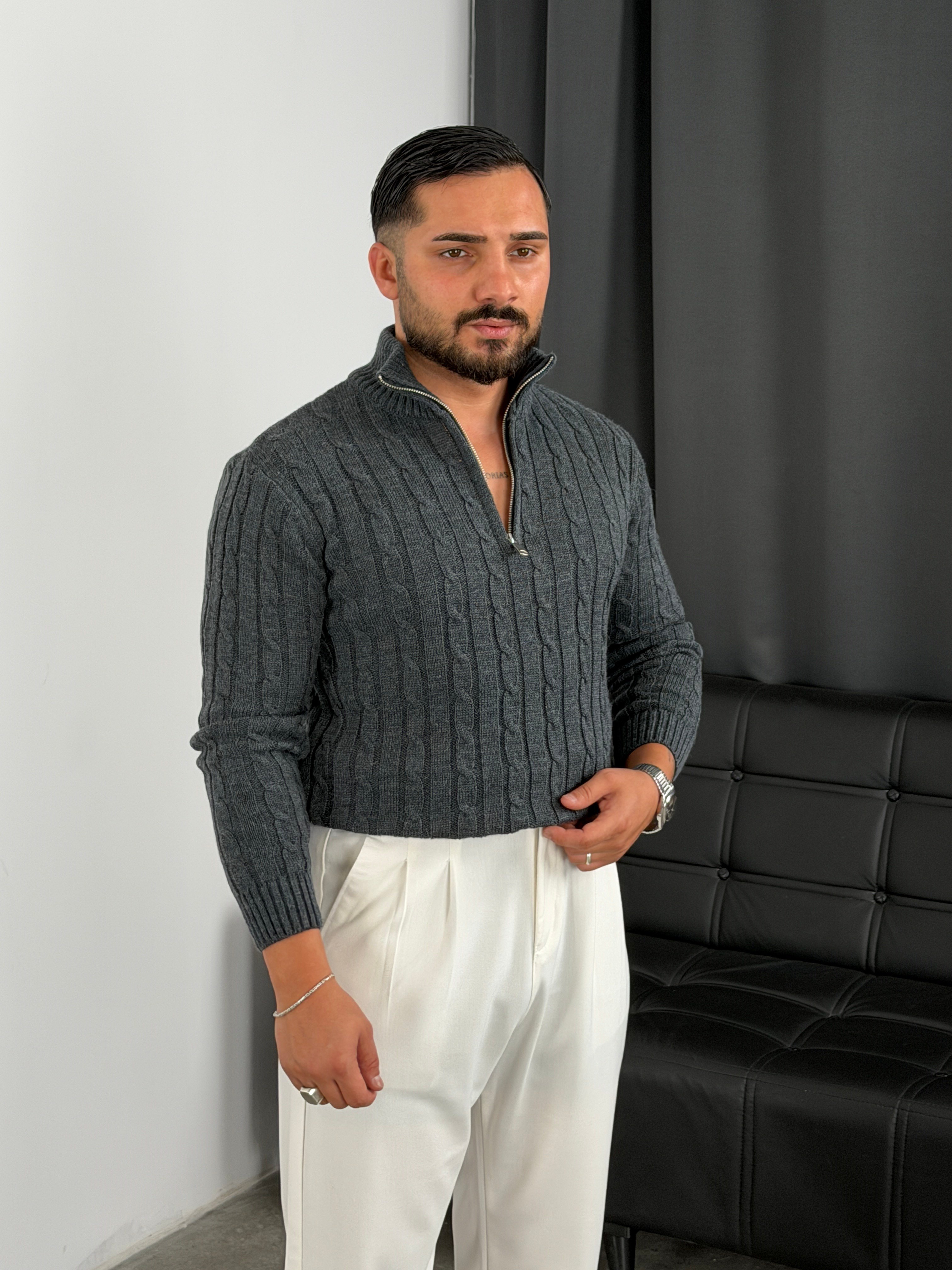 Burgu Yarım Fermuar Triko Sweatshirt Antrasit