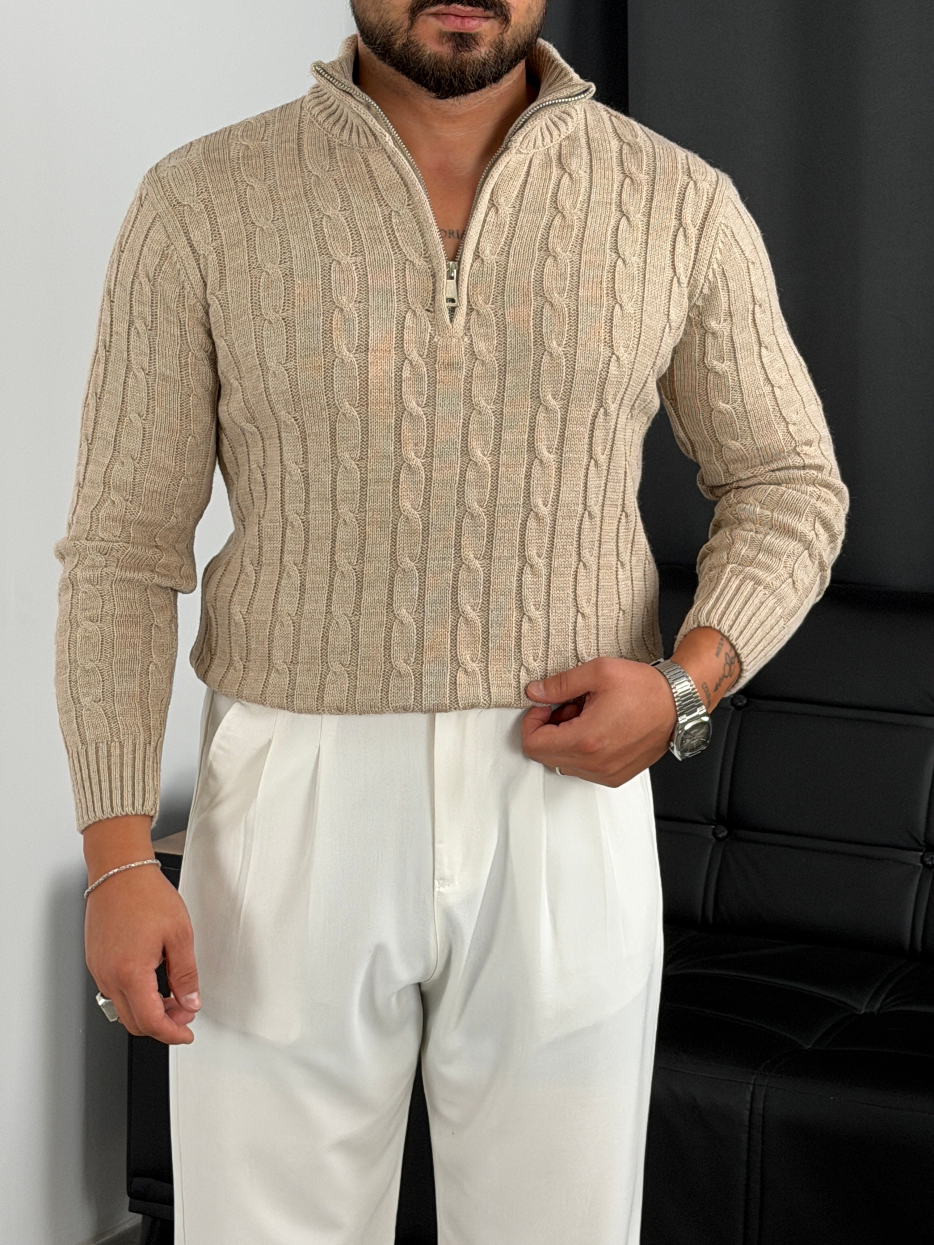 Burgu Yarım Fermuar Triko Sweatshirt Bej