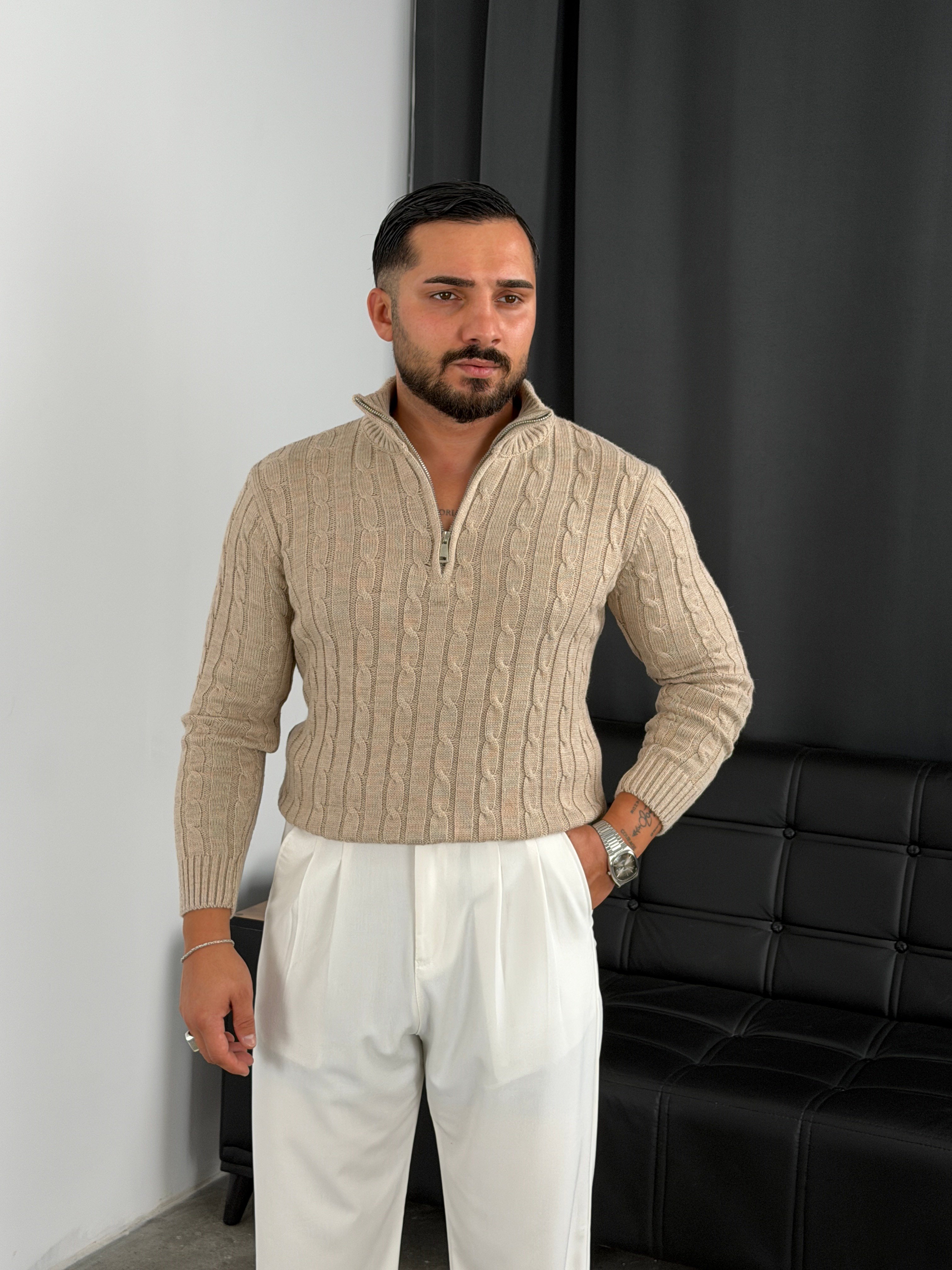 Burgu Yarım Fermuar Triko Sweatshirt Bej