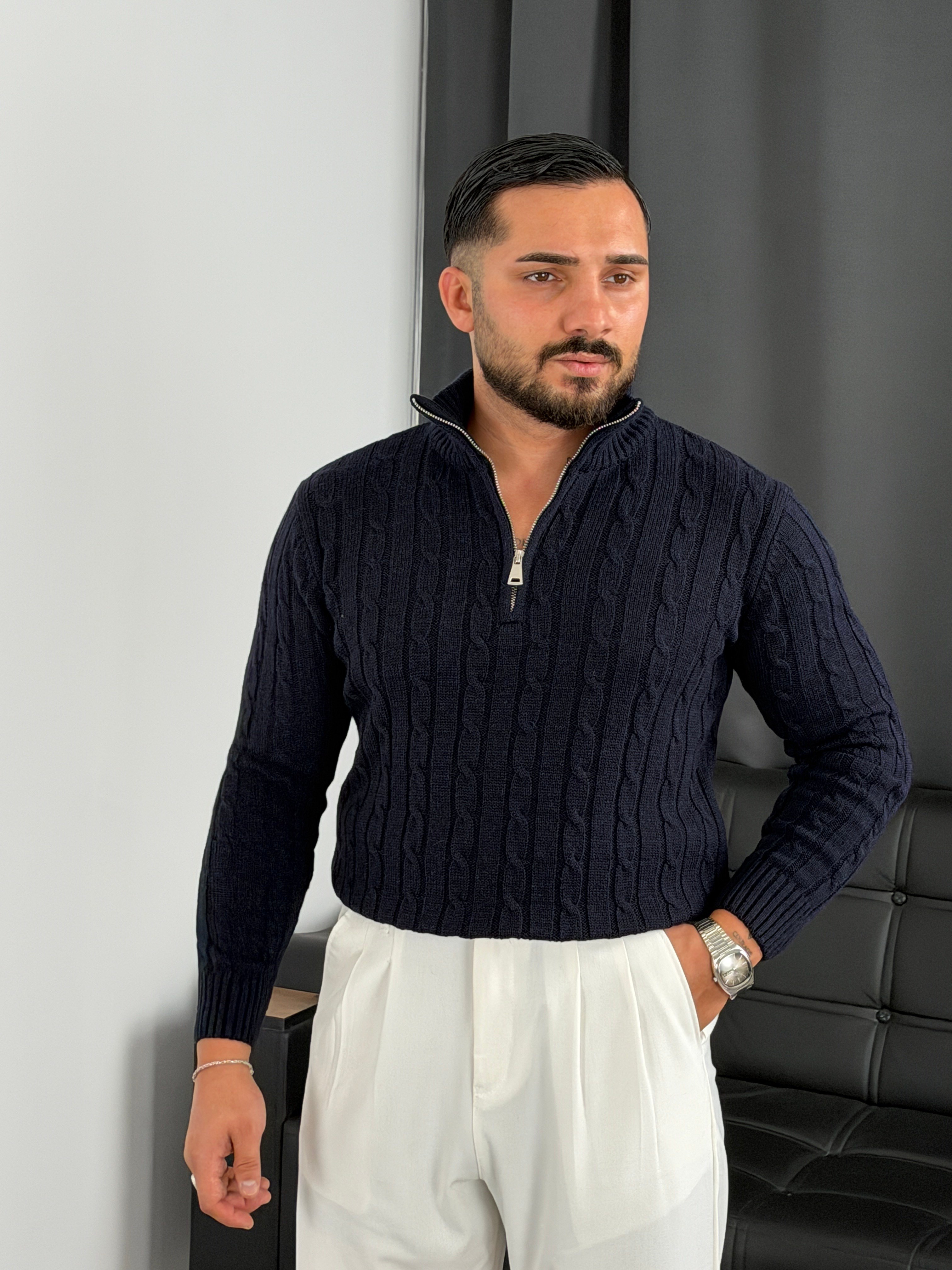 Burgu Yarım Fermuar Triko Sweatshirt Lacivert