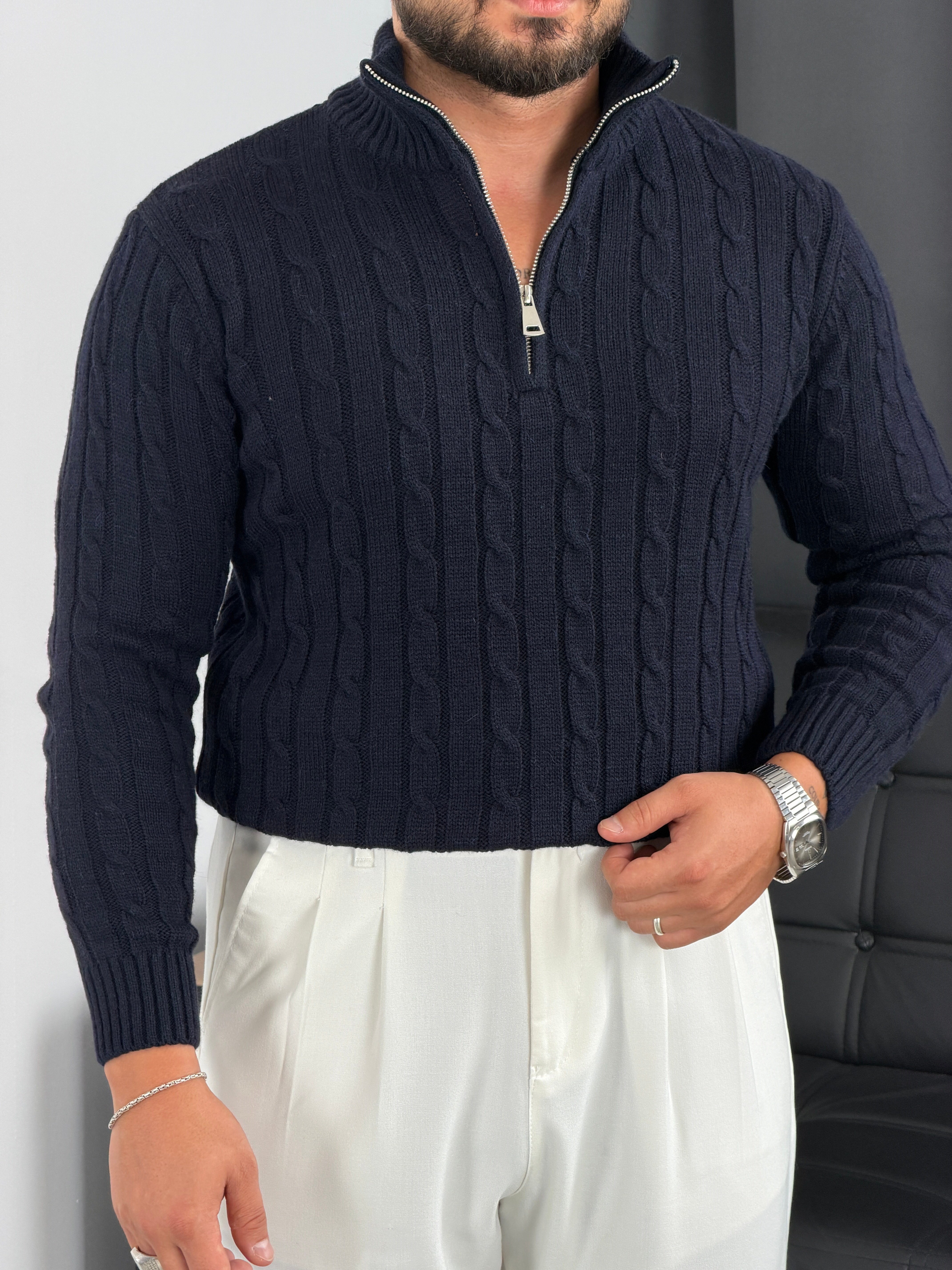 Burgu Yarım Fermuar Triko Sweatshirt Lacivert