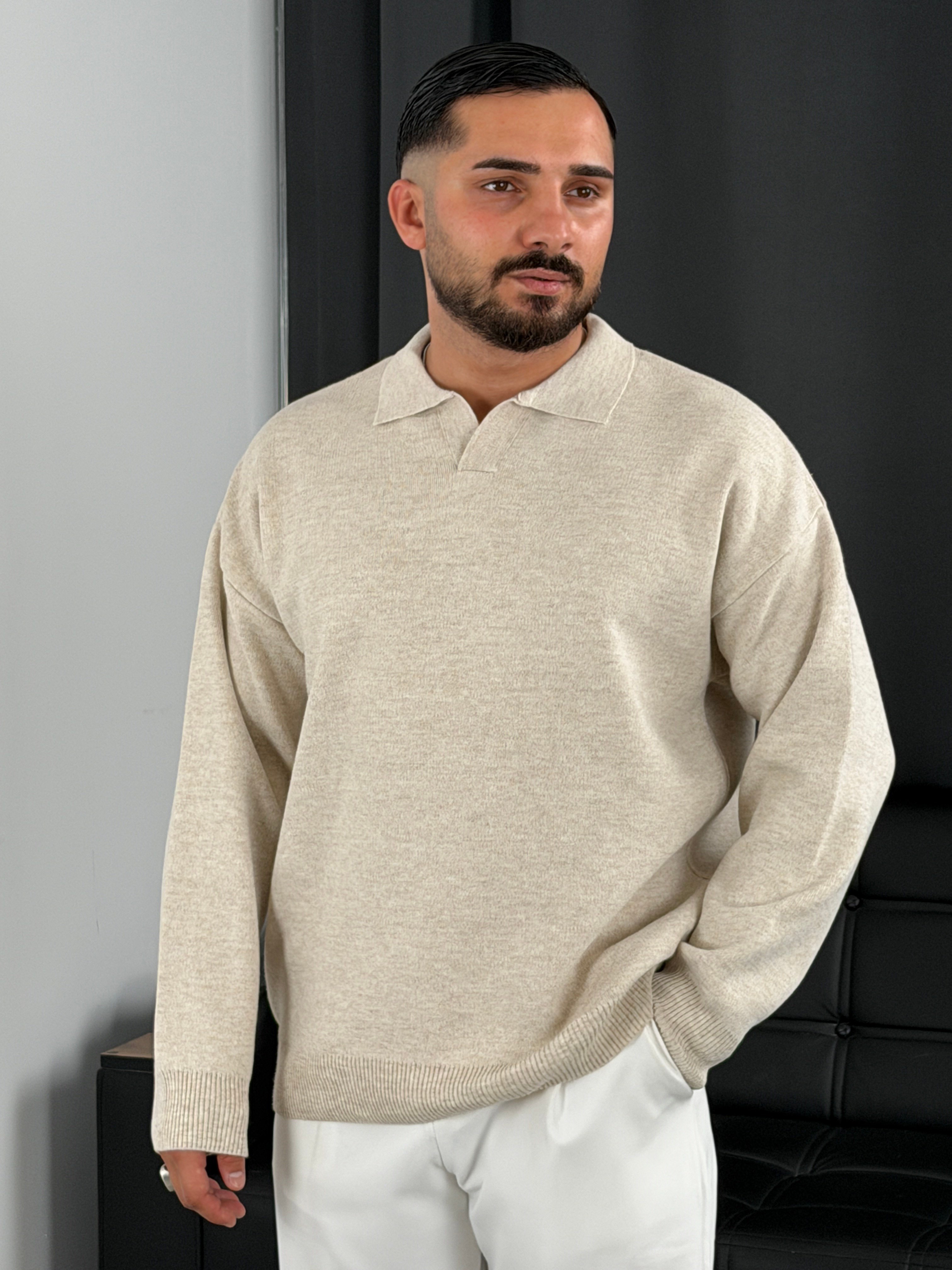 Çelik Örgü Oversize Polo Yaka Triko Sweatshirt Bej