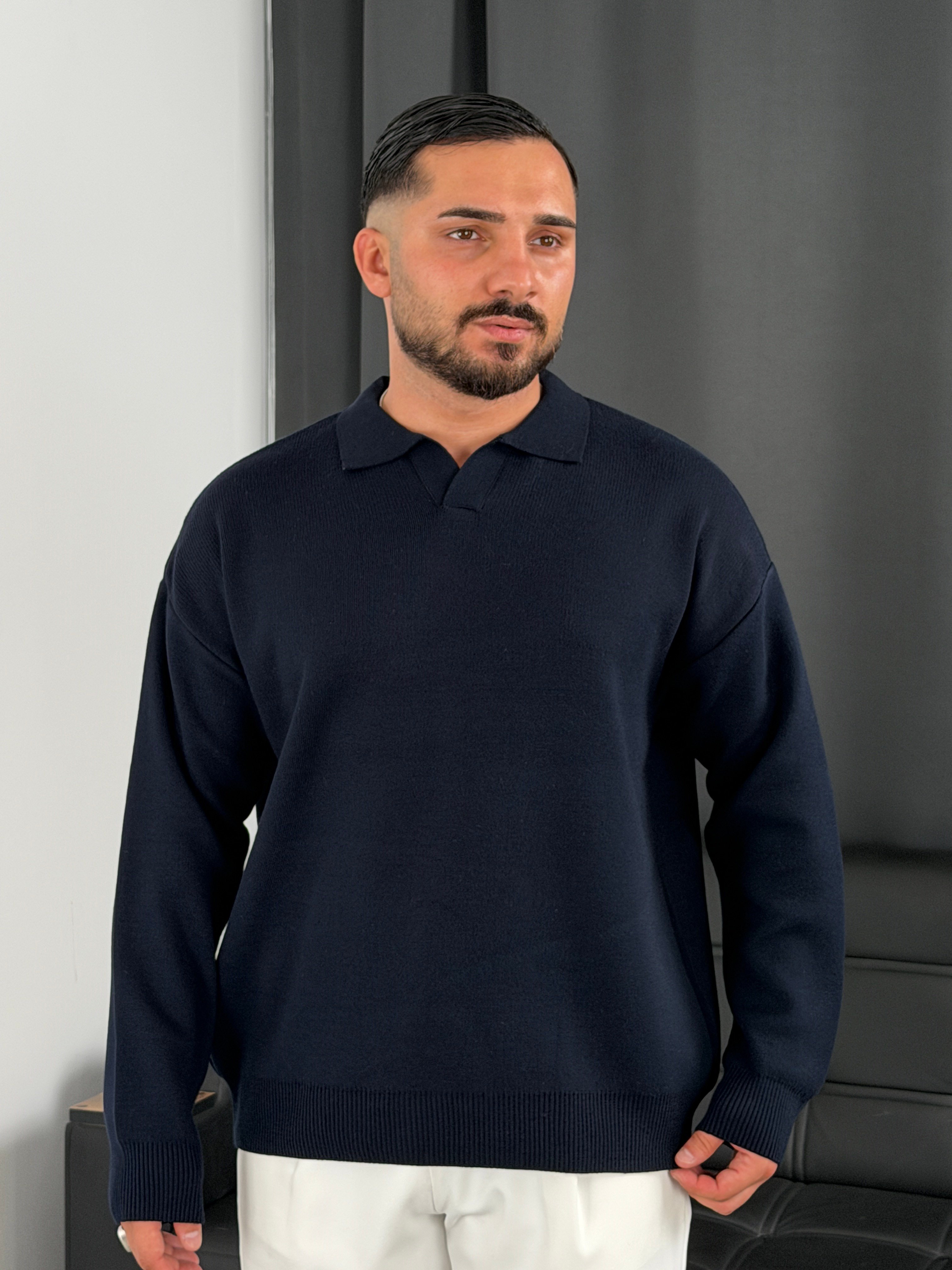 Çelik Örgü Oversize Polo Yaka Triko Sweatshirt Lacivert