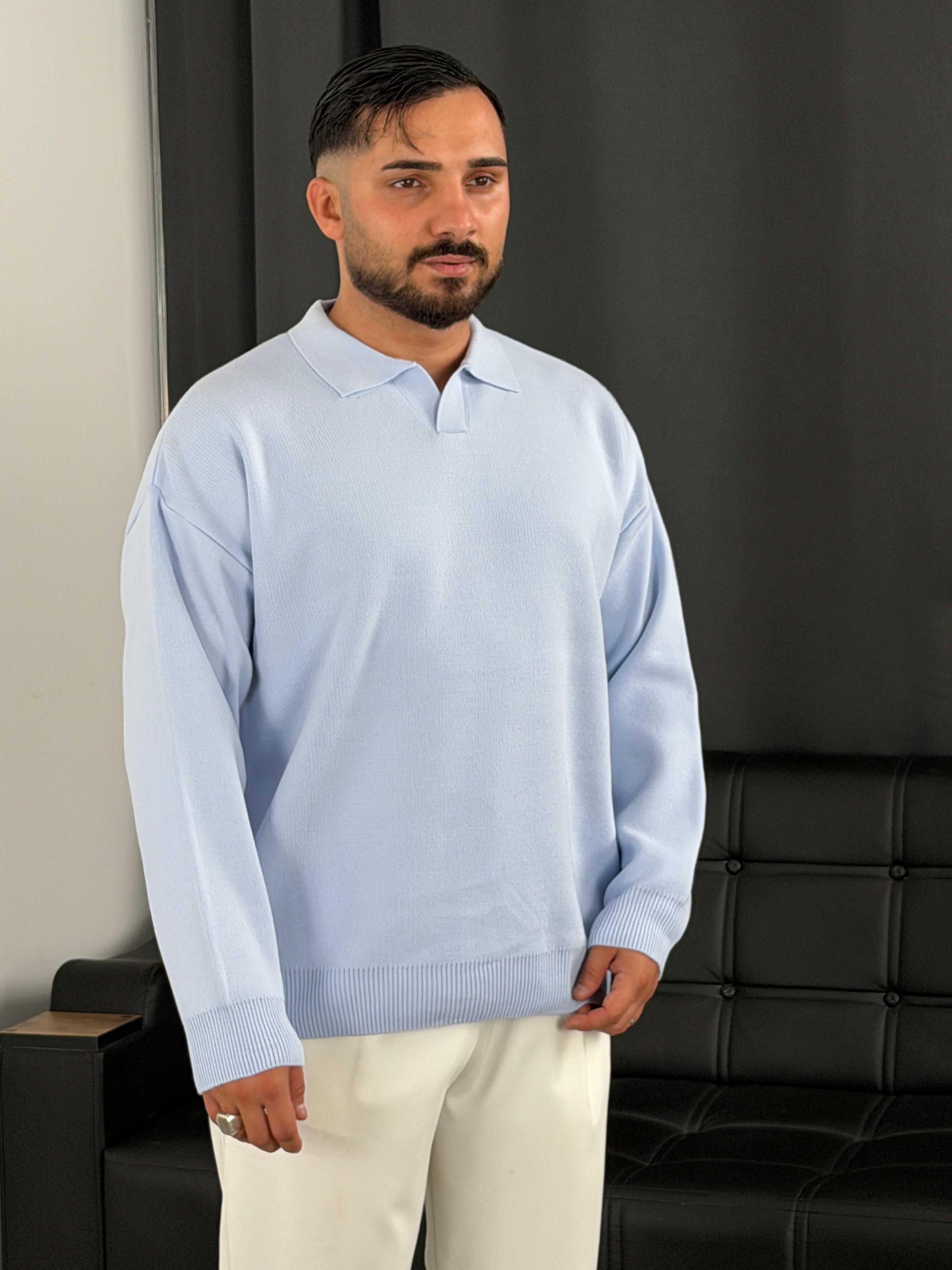 Çelik Örgü Oversize Polo Yaka Triko Sweatshirt Bebe Mavi