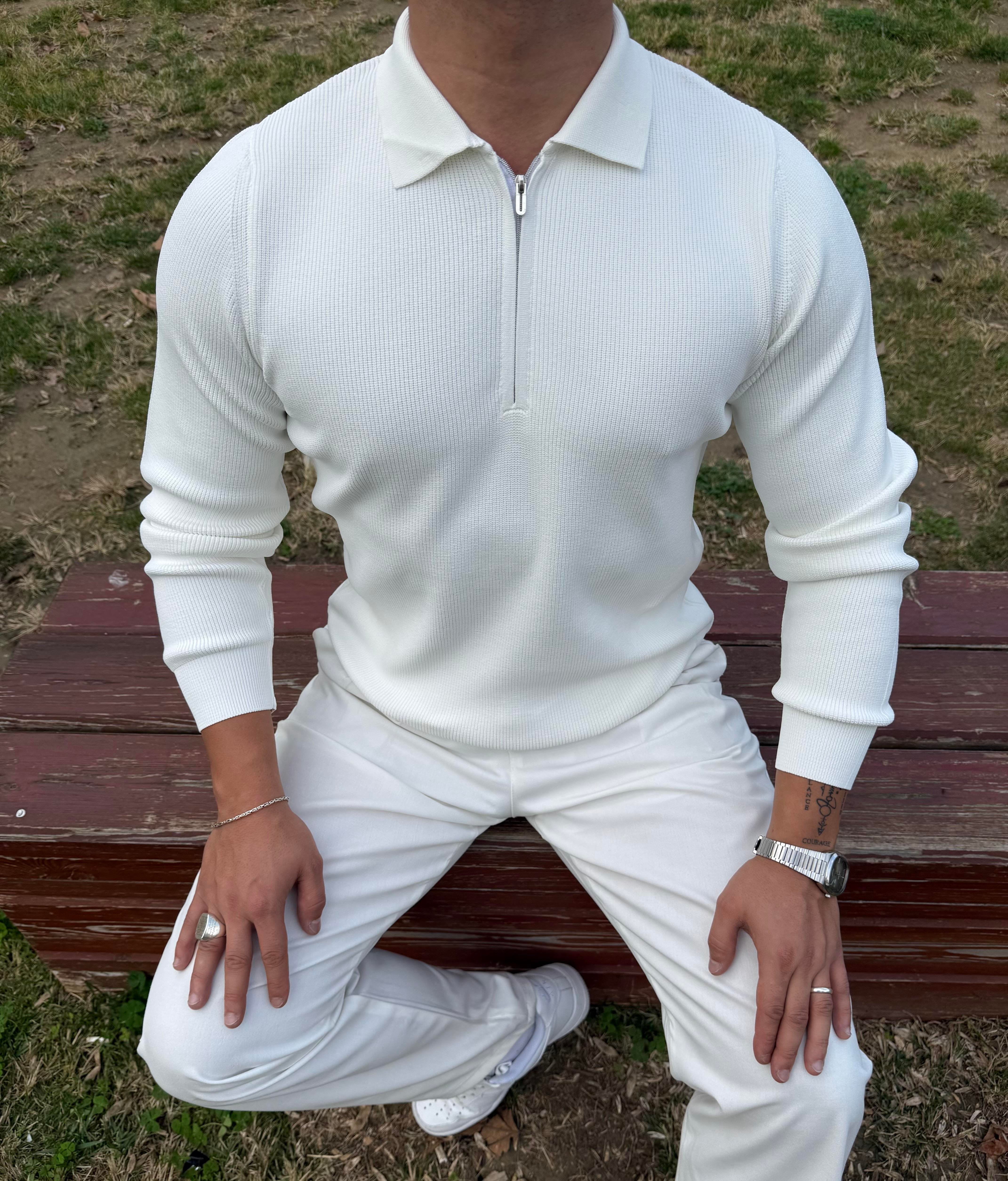 ÇELİK ÖRME TRİKO POLO YAKA YARIM FERMUAR BEYAZ