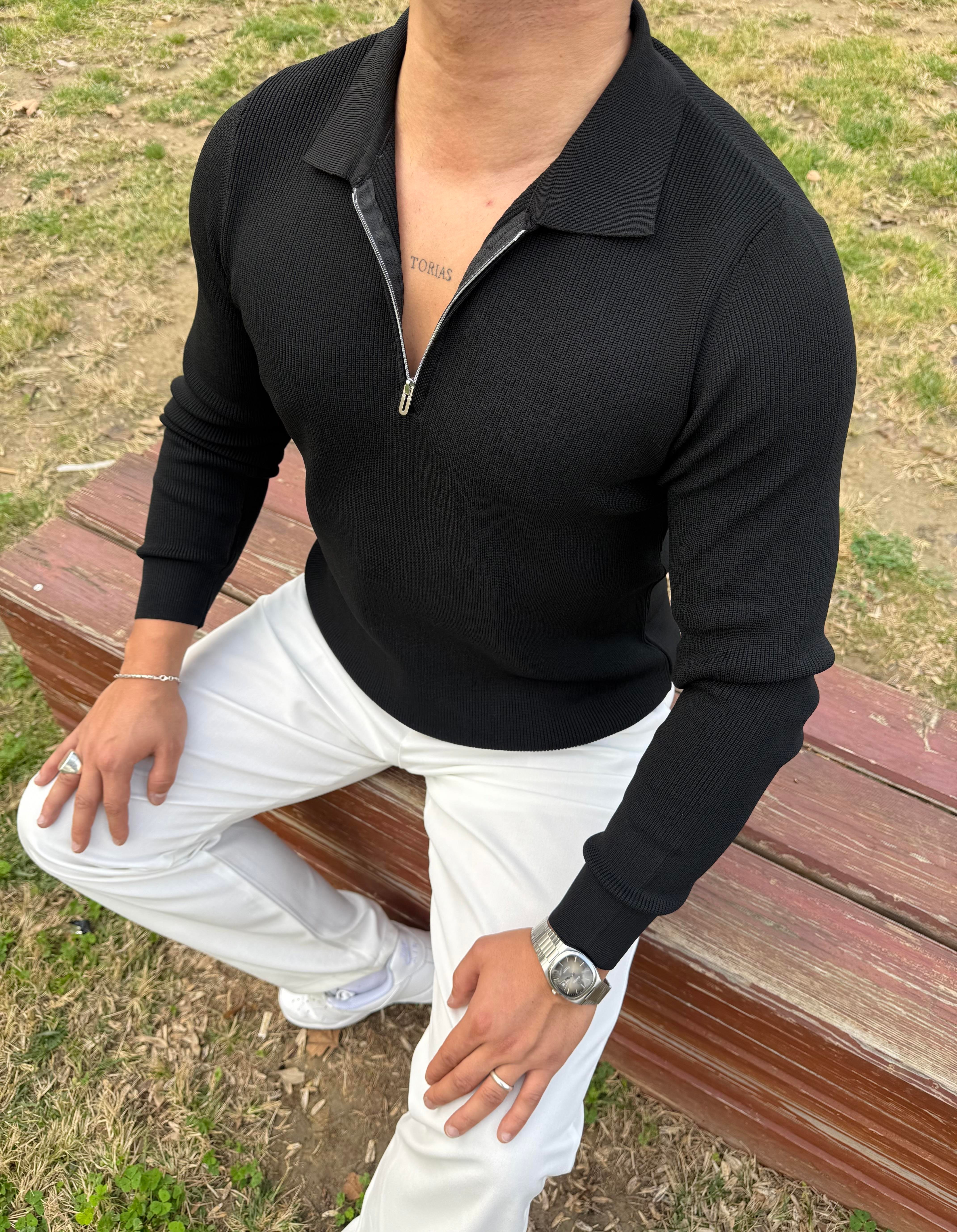 ÇELİK ÖRME TRİKO POLO YAKA YARIM FERMUAR SİYAH