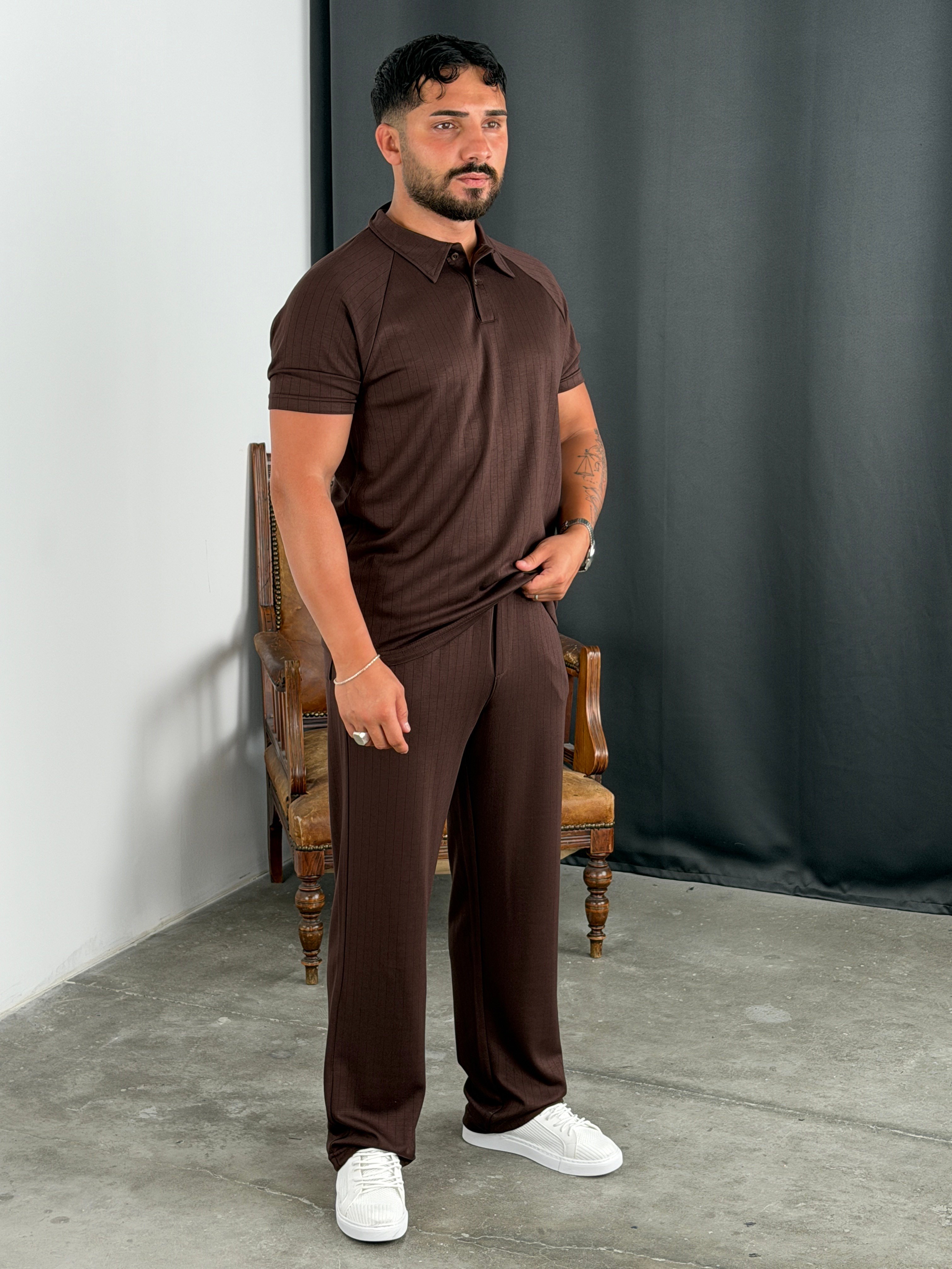 ÇİZGİLİ MODAL POLO YAKA TAKIM ACI KAHVE