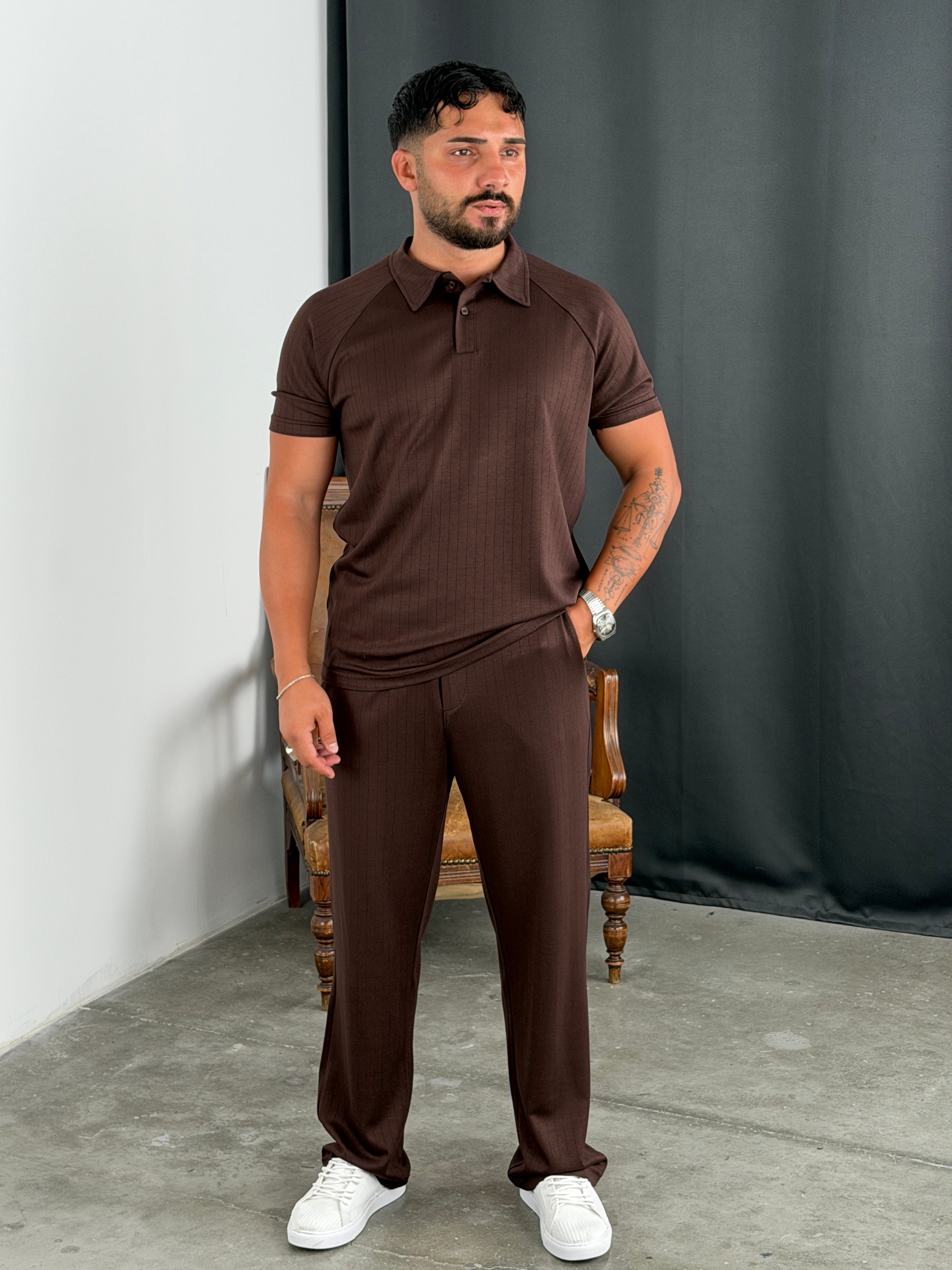 ÇİZGİLİ MODAL POLO YAKA TAKIM ACI KAHVE