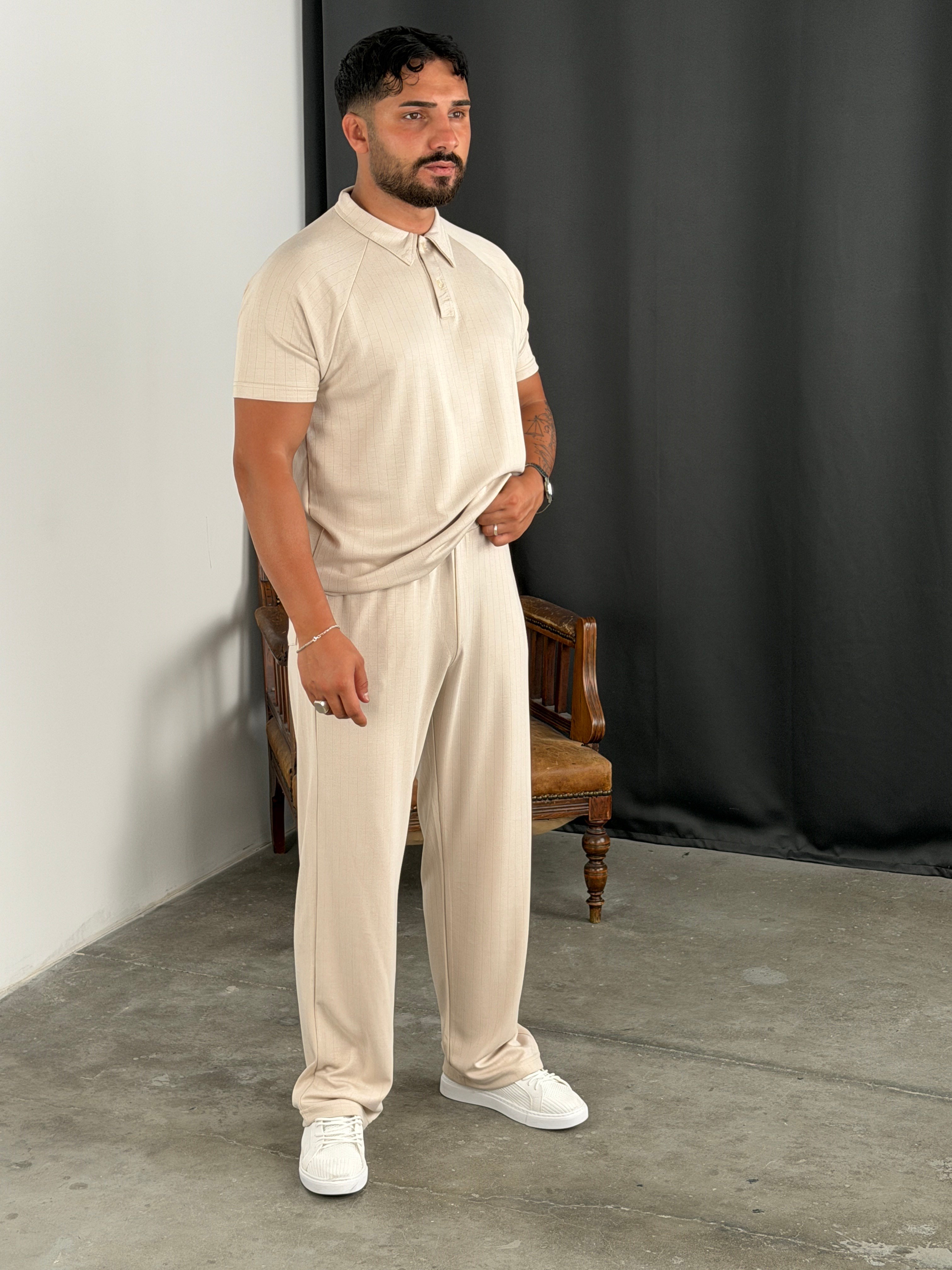 ÇİZGİLİ MODAL POLO YAKA TAKIM BEJ