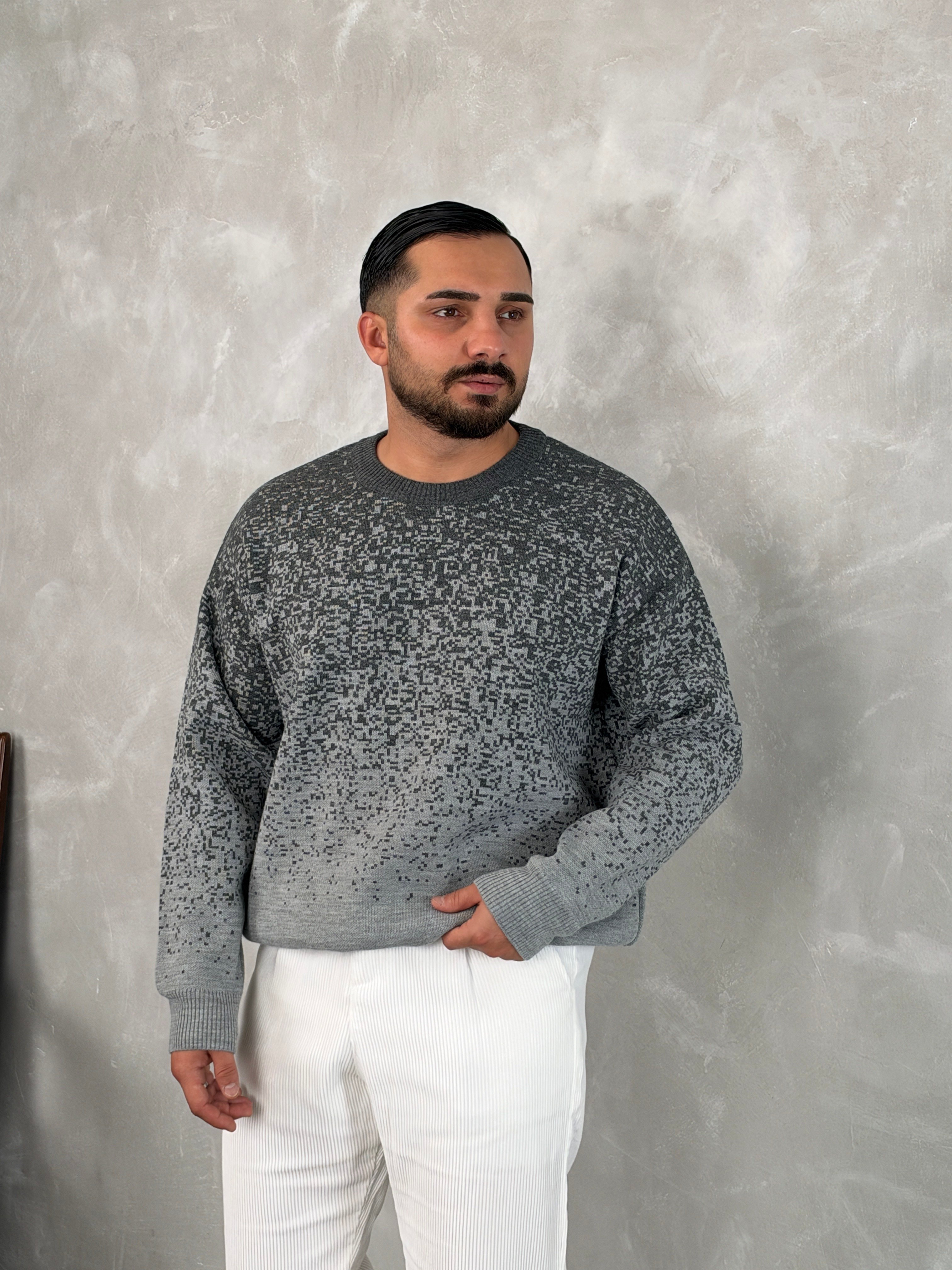 Desenli %100 Triko Yüksek Kalite Sweatshirt Gri