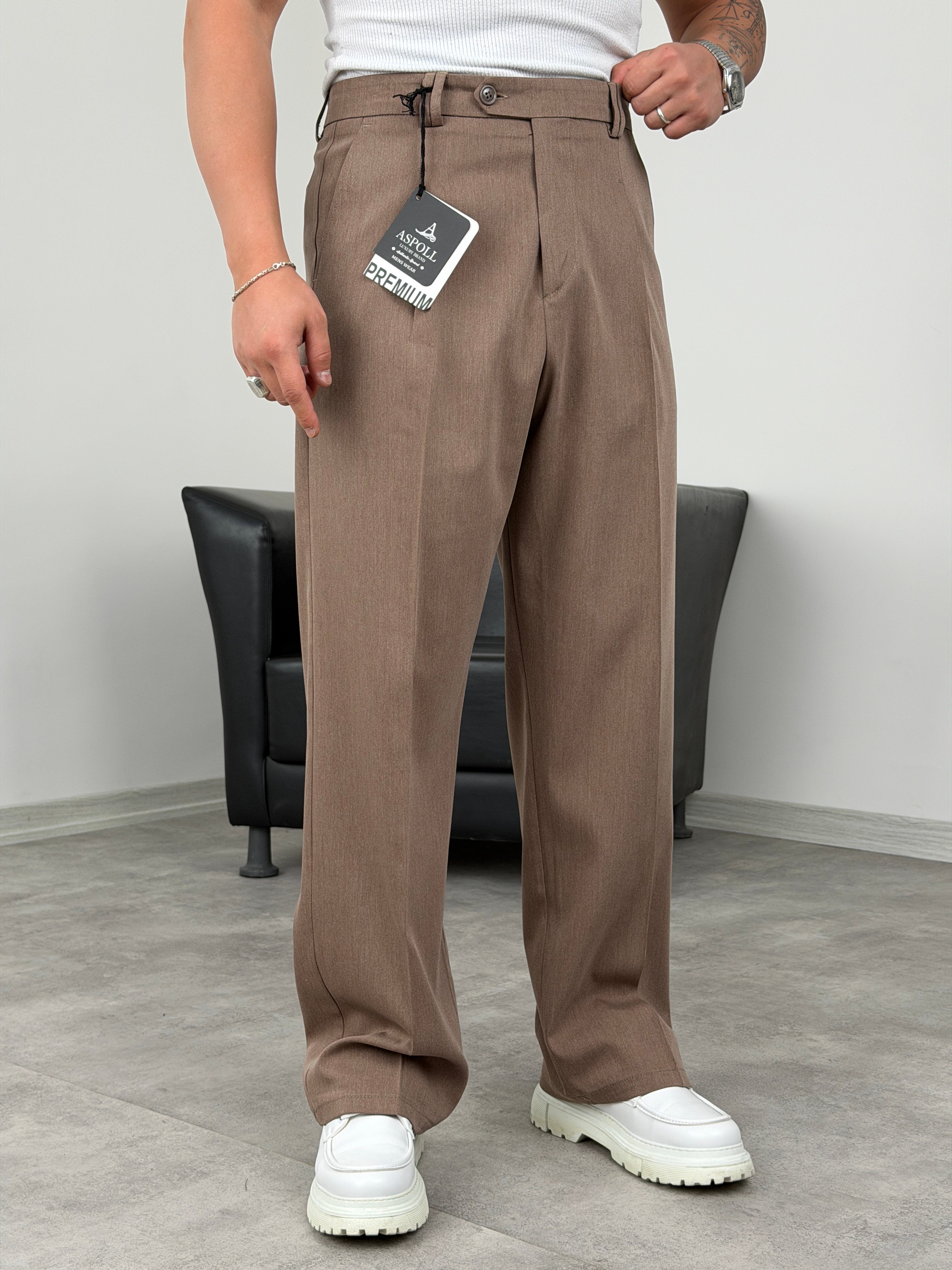 DİL DETAYLI PİLELİ VİSKON SUPER BAGGY PANTOLON KAHVERENGİ