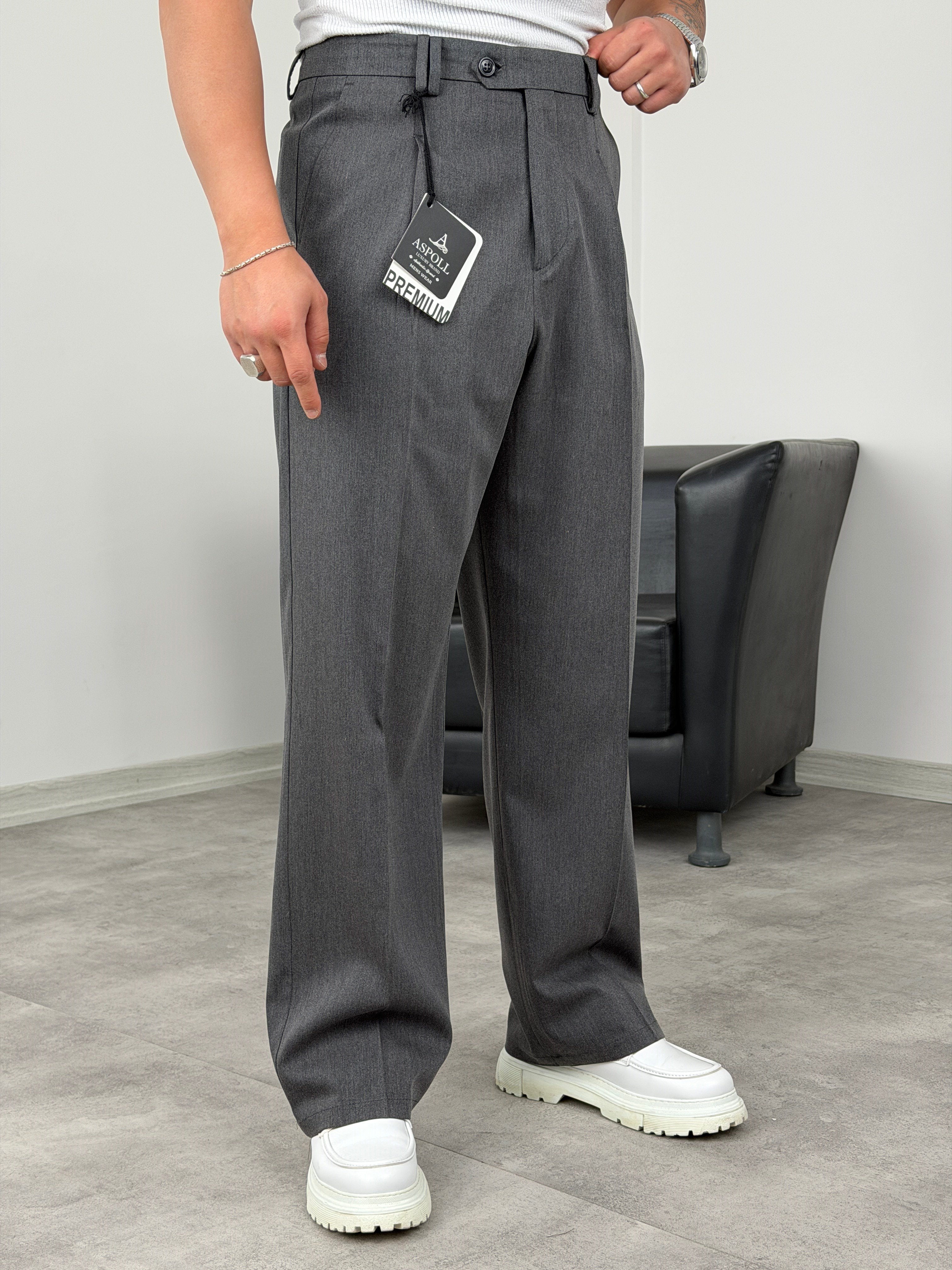 DİL DETAYLI PİLELİ VİSKON SUPER BAGGY PANTOLON ANTRASİT