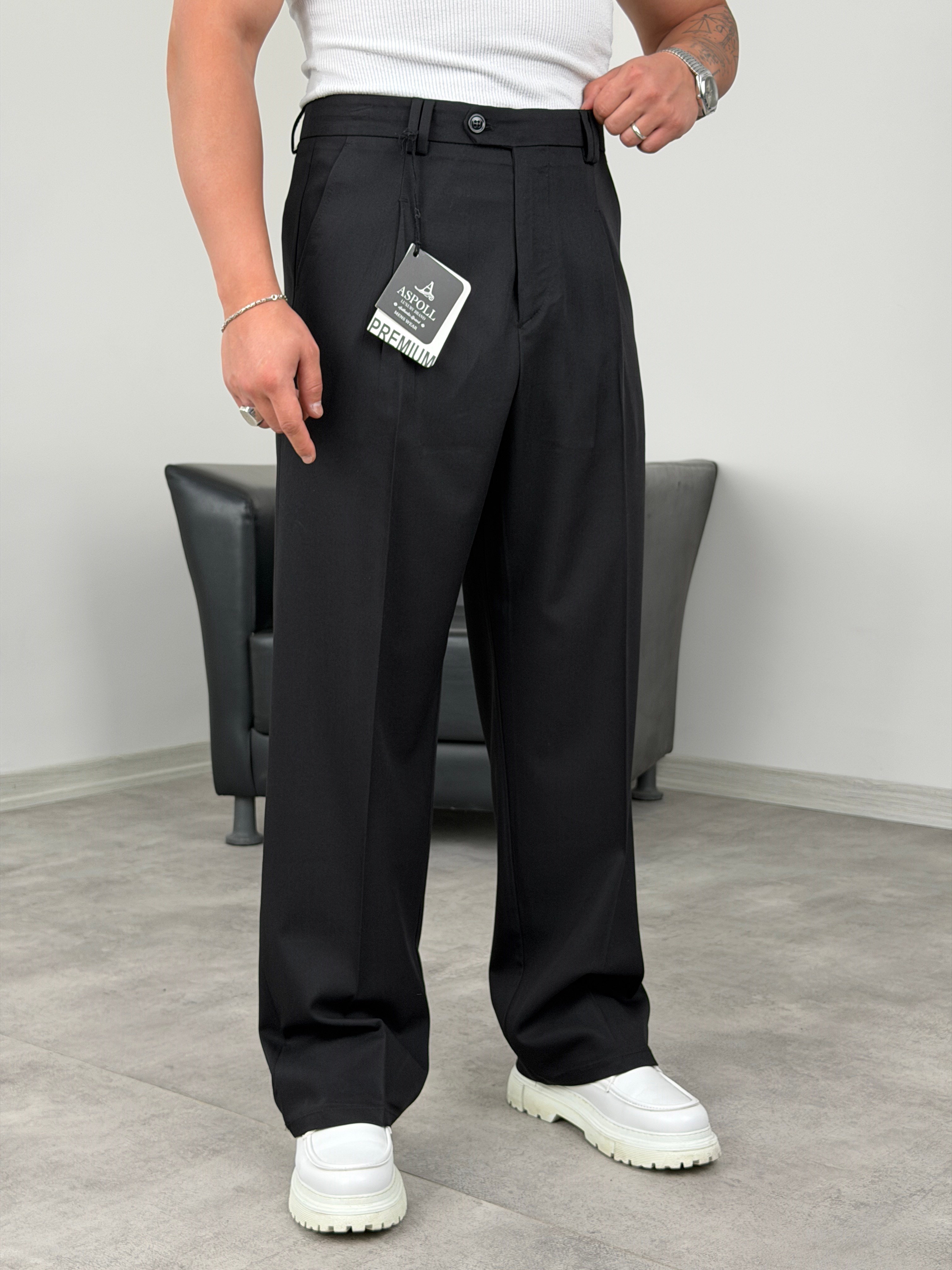 DİL DETAYLI PİLELİ VİSKON SUPER BAGGY PANTOLON SİYAH