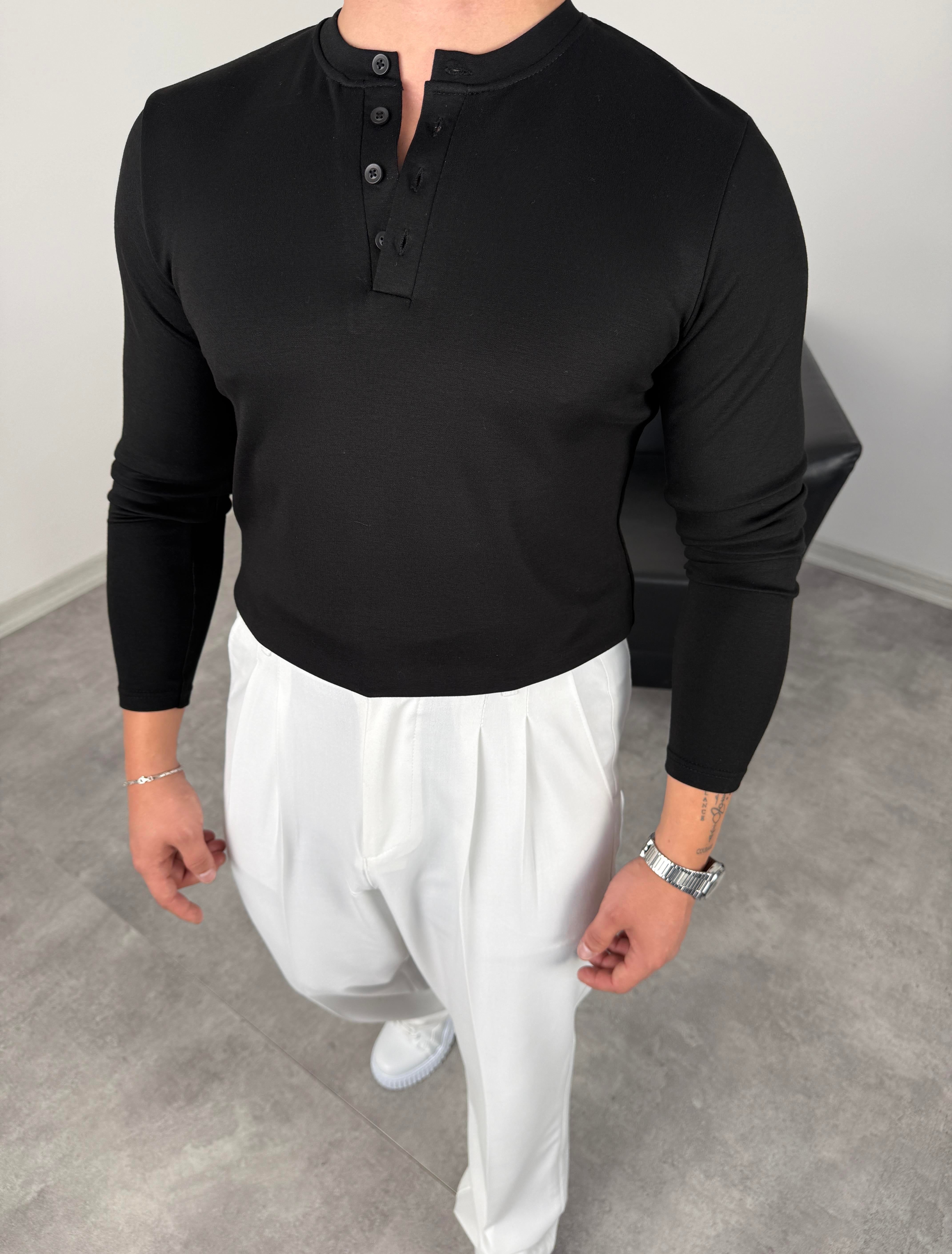 DÜĞMELİ MODAL KUMAŞ PREMİUM SWEATSHİRT SİYAH