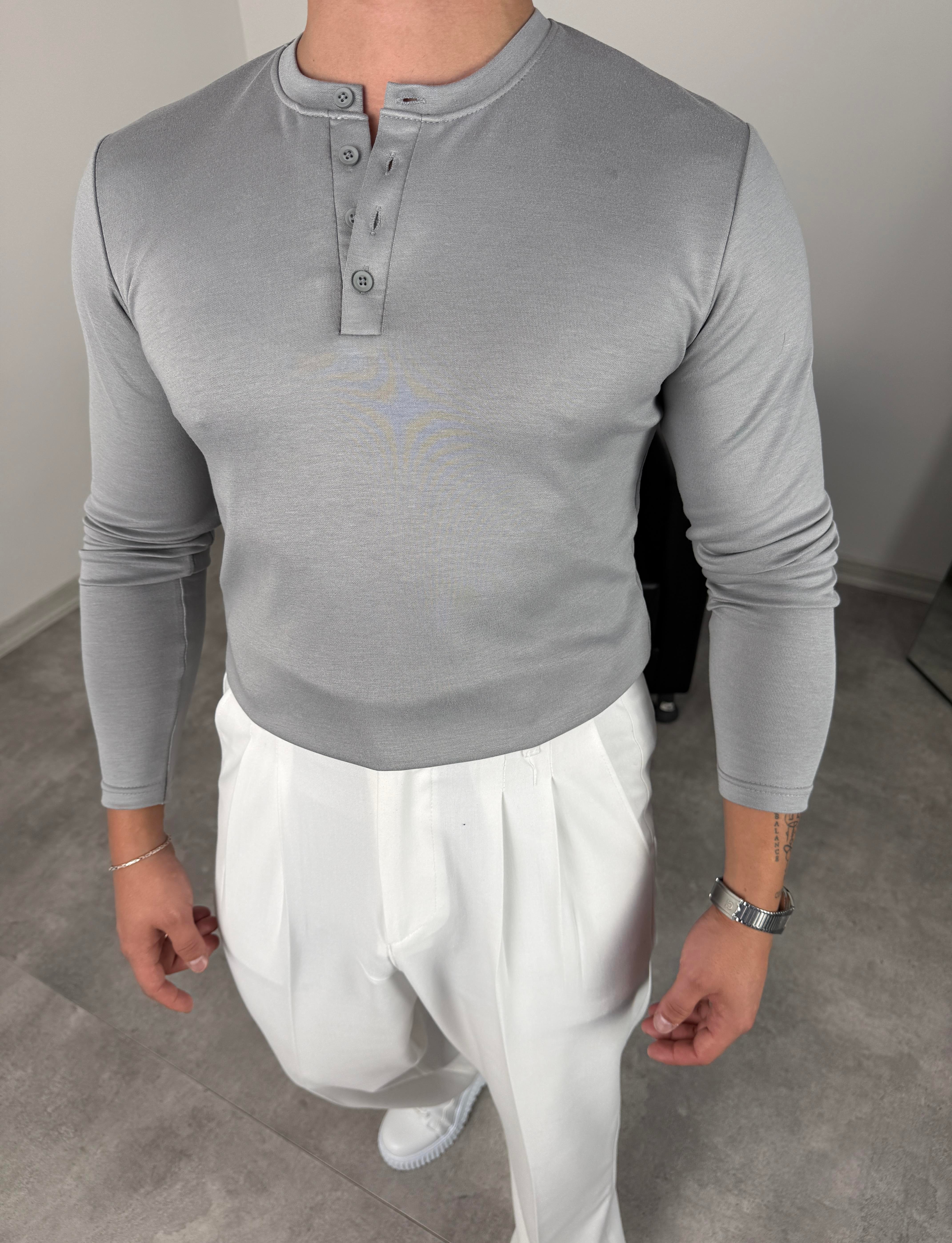 DÜĞMELİ MODAL KUMAŞ PREMİUM SWEATSHİRT GRİ