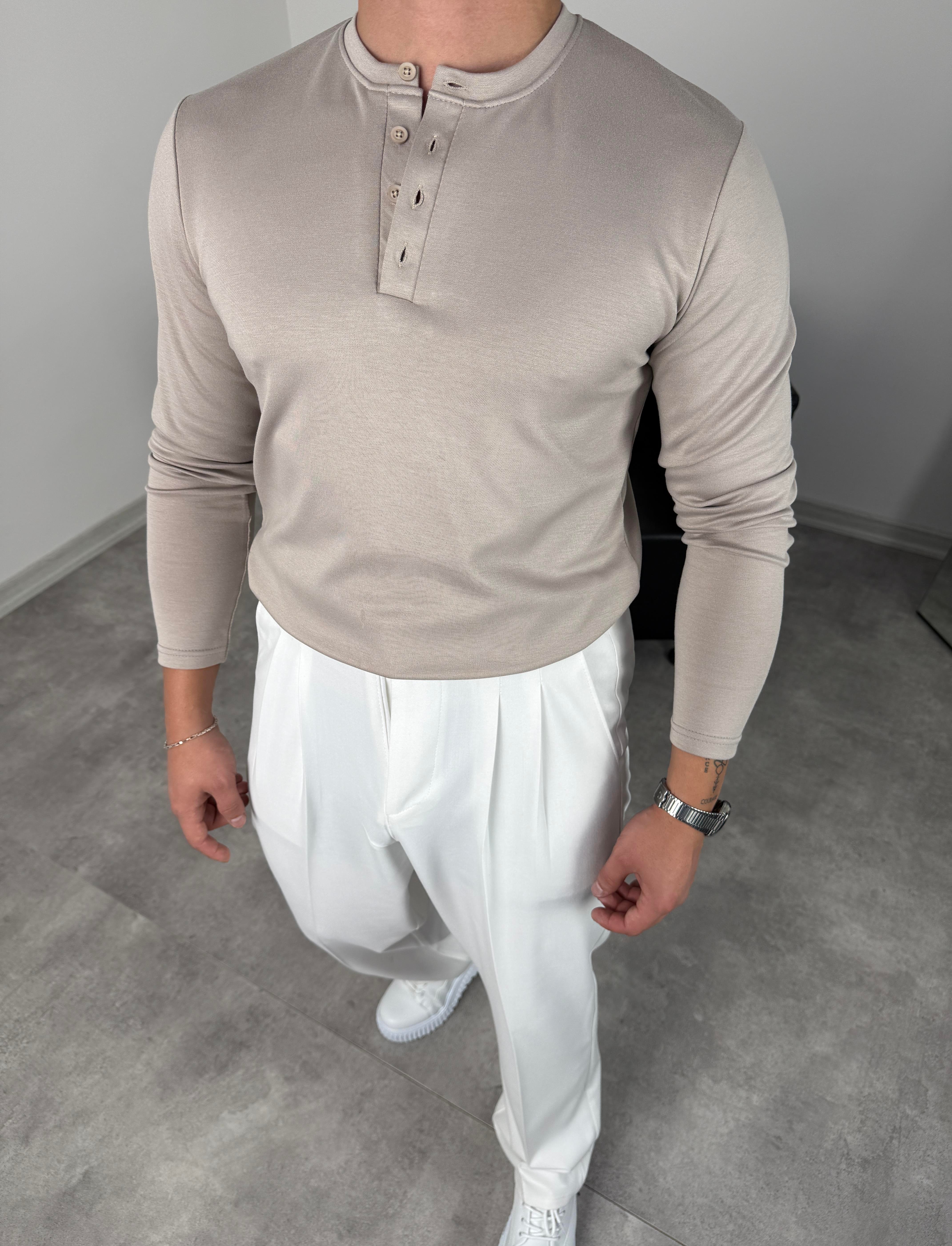 DÜĞMELİ MODAL KUMAŞ PREMİUM SWEATSHİRT BEJ