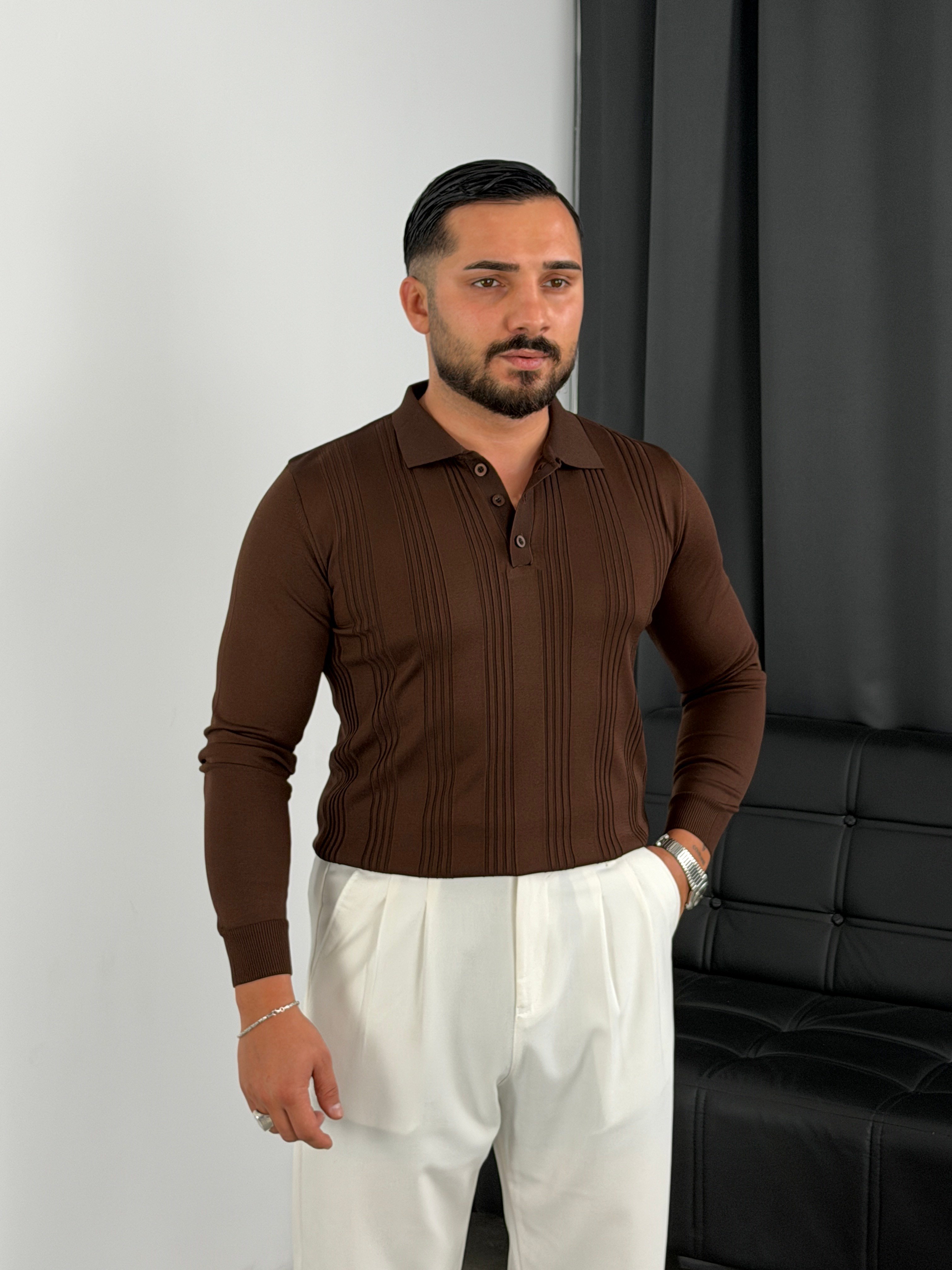 Düğmeli Polo Yaka Şeritli Triko Sweatshirt Acı kahve