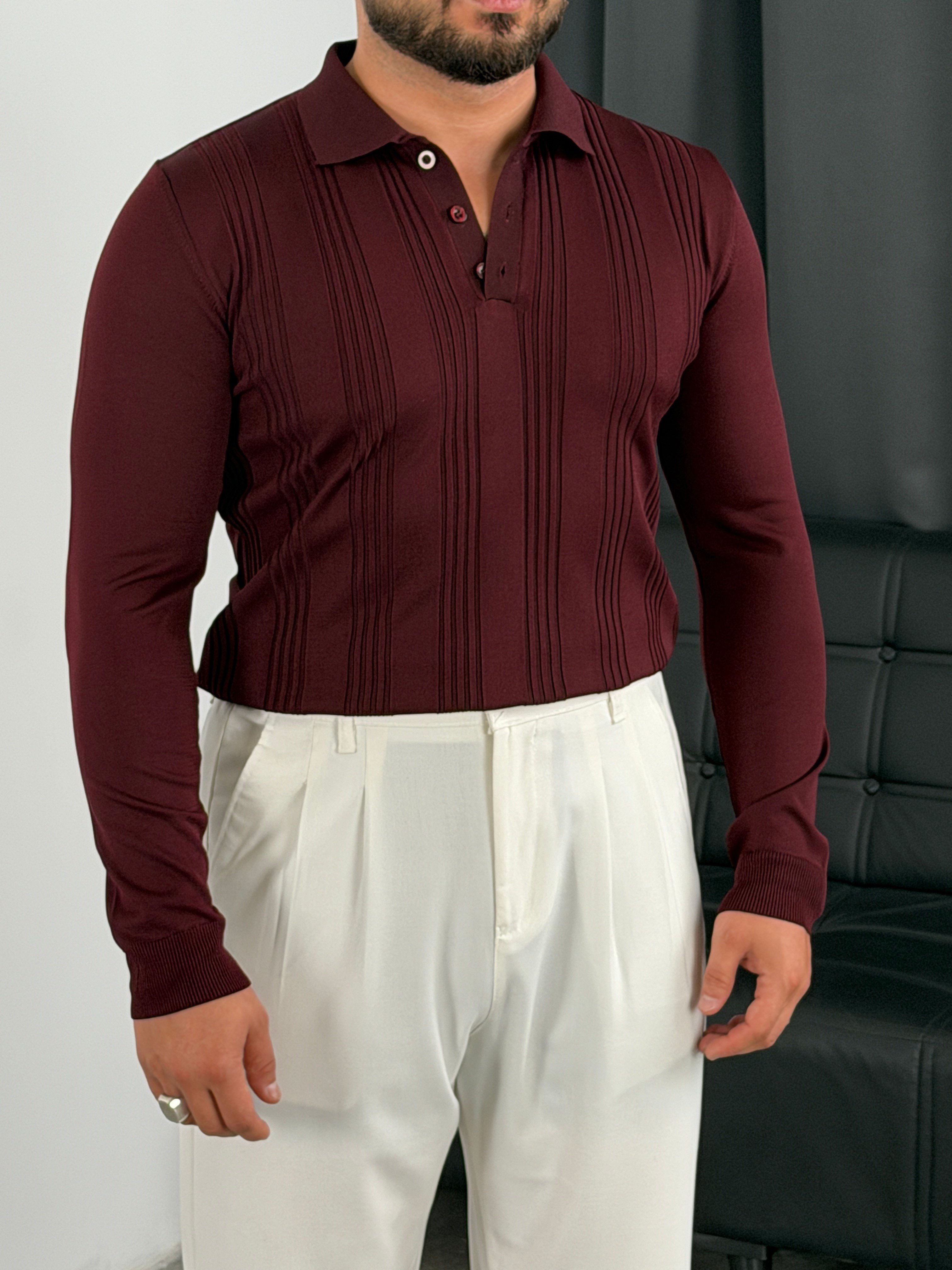Düğmeli Polo Yaka Şeritli Triko Sweatshirt Bordo