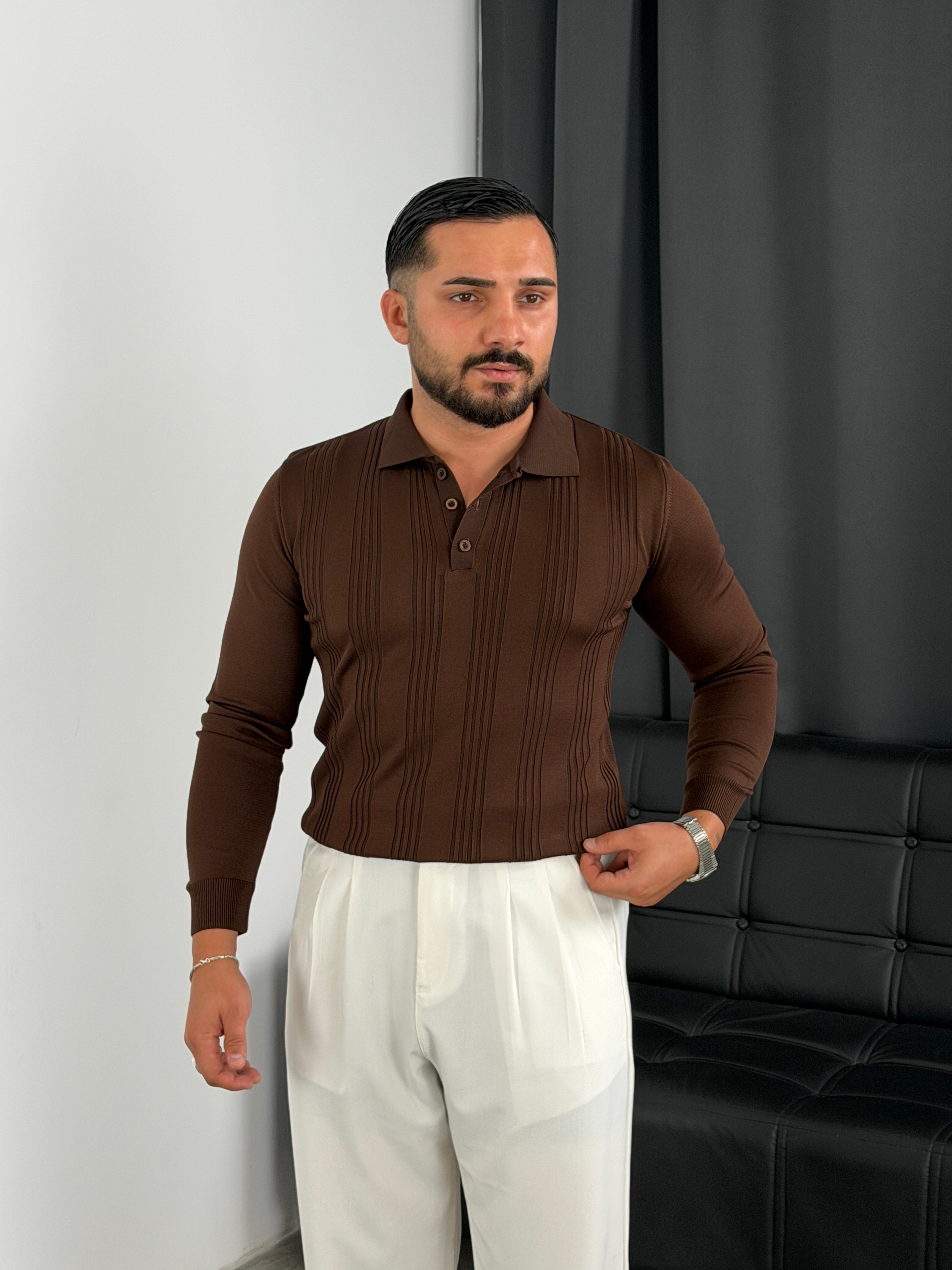 Düğmeli Polo Yaka Şeritli Triko Sweatshirt Acı kahve
