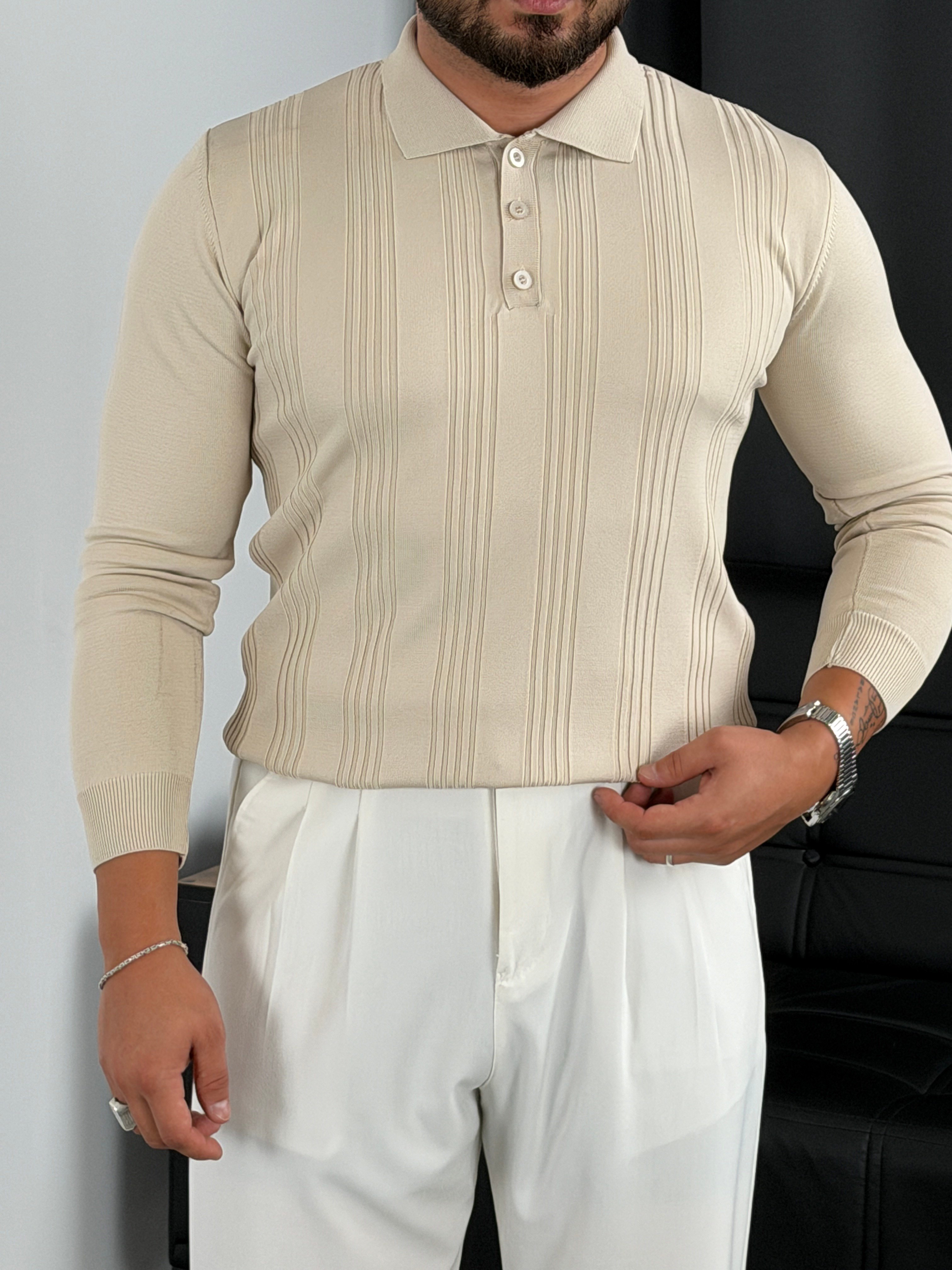 Düğmeli Polo Yaka Şeritli Triko Sweatshirt Bej