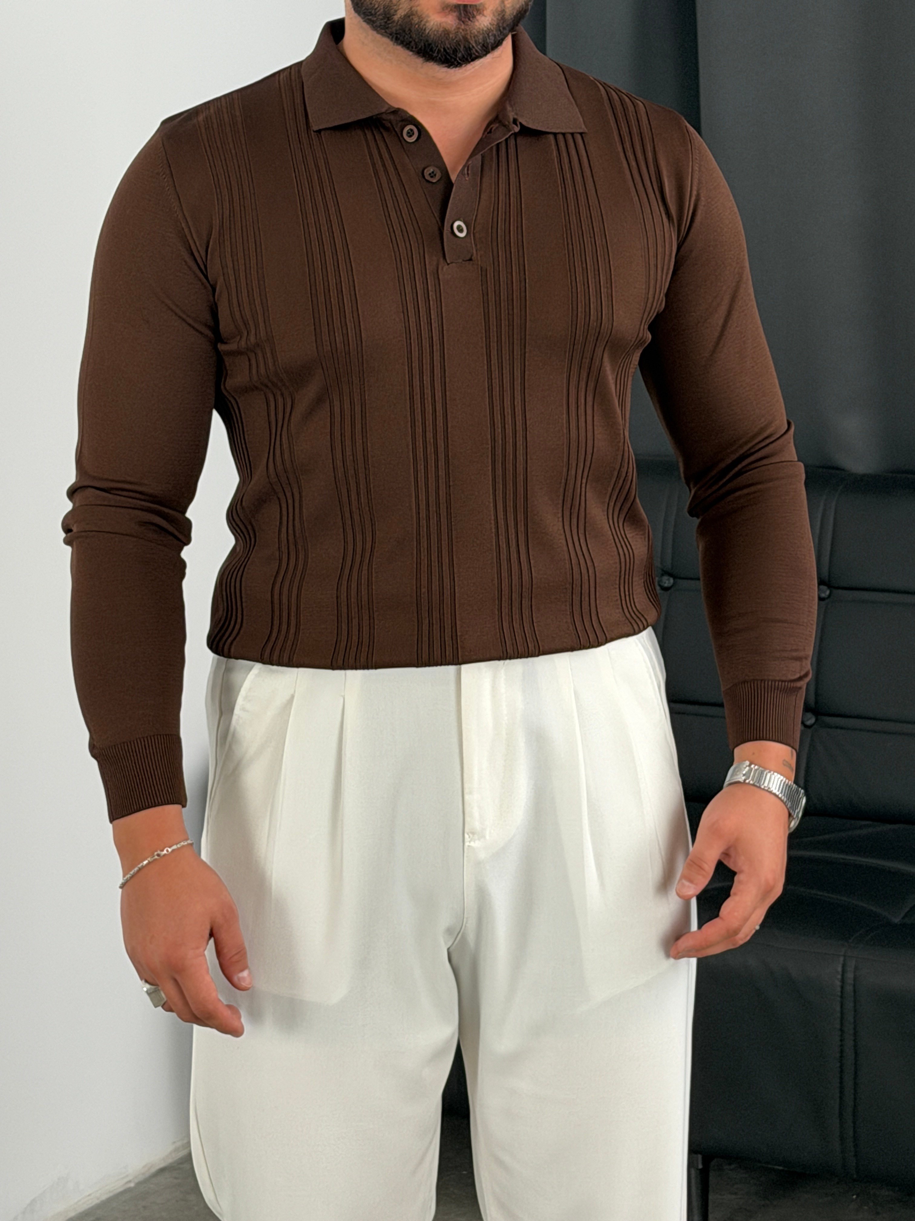 Düğmeli Polo Yaka Şeritli Triko Sweatshirt Acı kahve