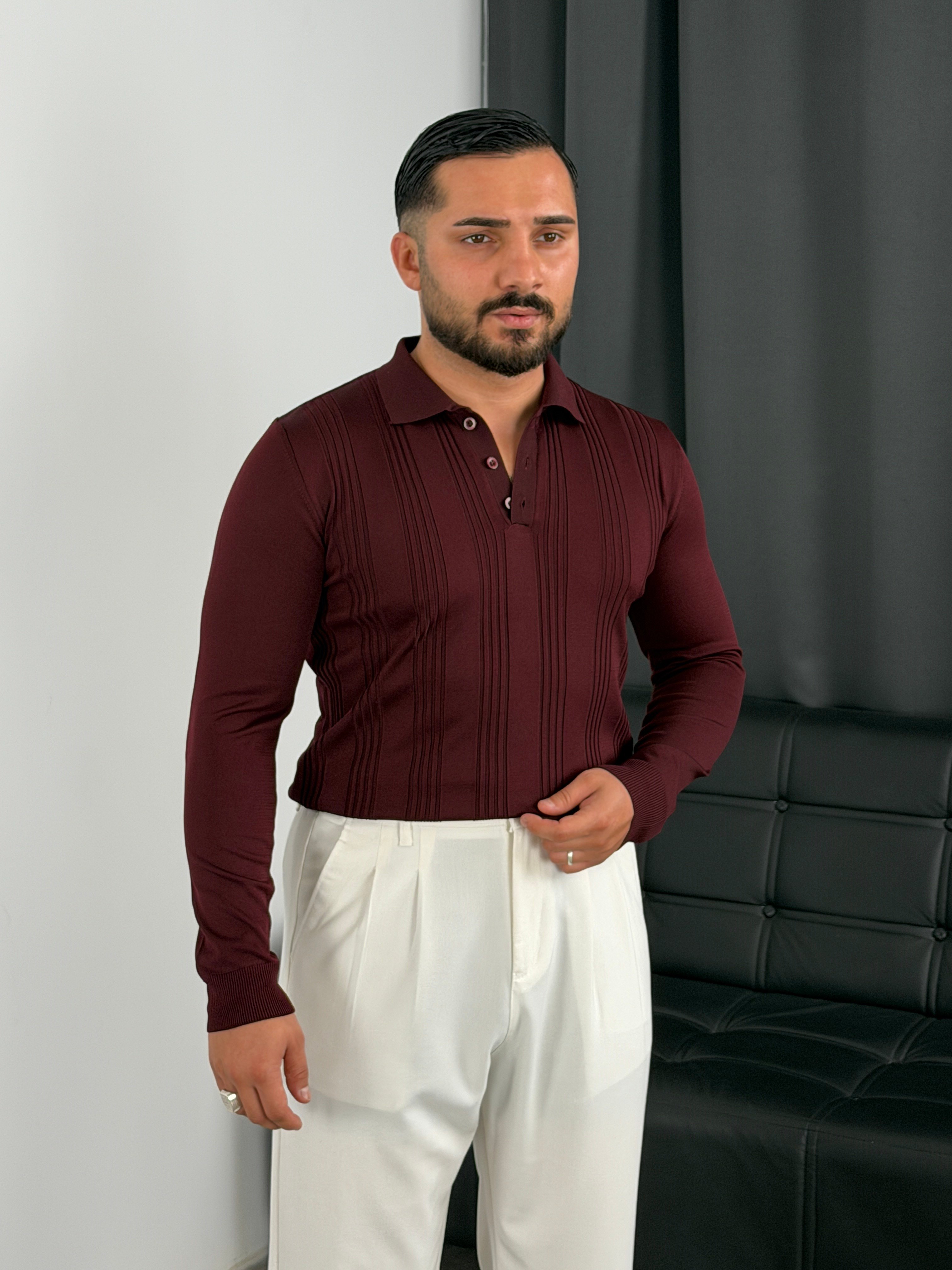 Düğmeli Polo Yaka Şeritli Triko Sweatshirt Bordo