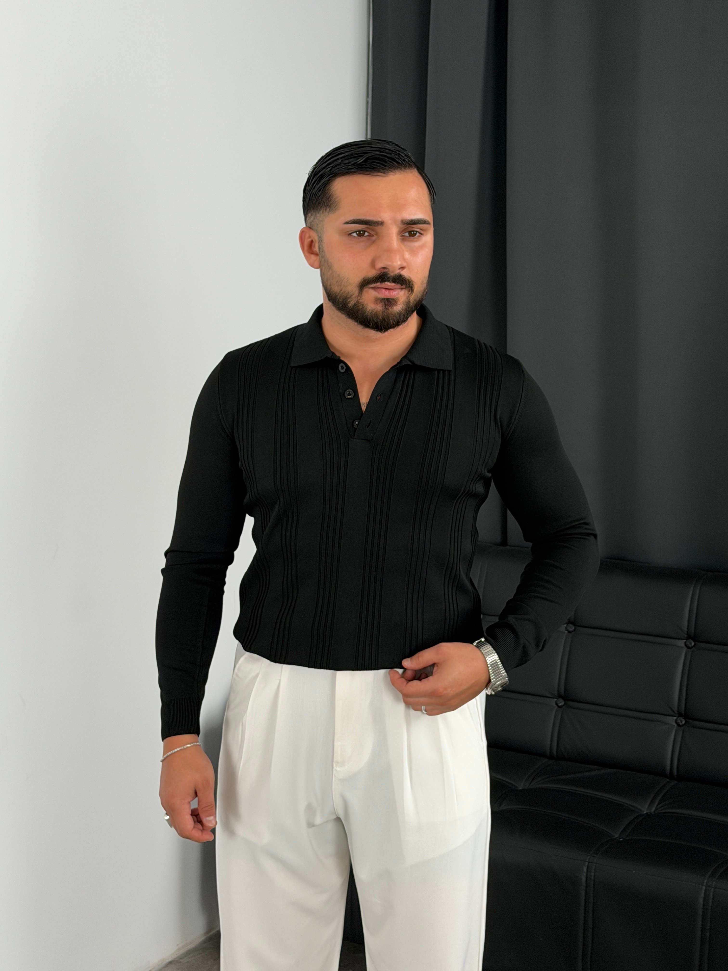 Düğmeli Polo Yaka Şeritli Triko Sweatshirt Siyah