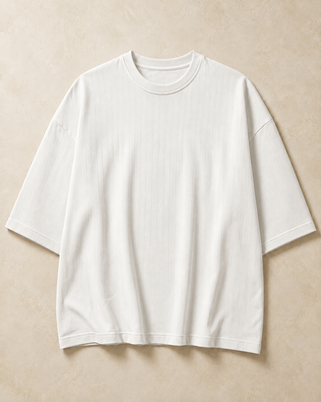 Düşük Kol Çizgili Oversize Tişört Beyaz