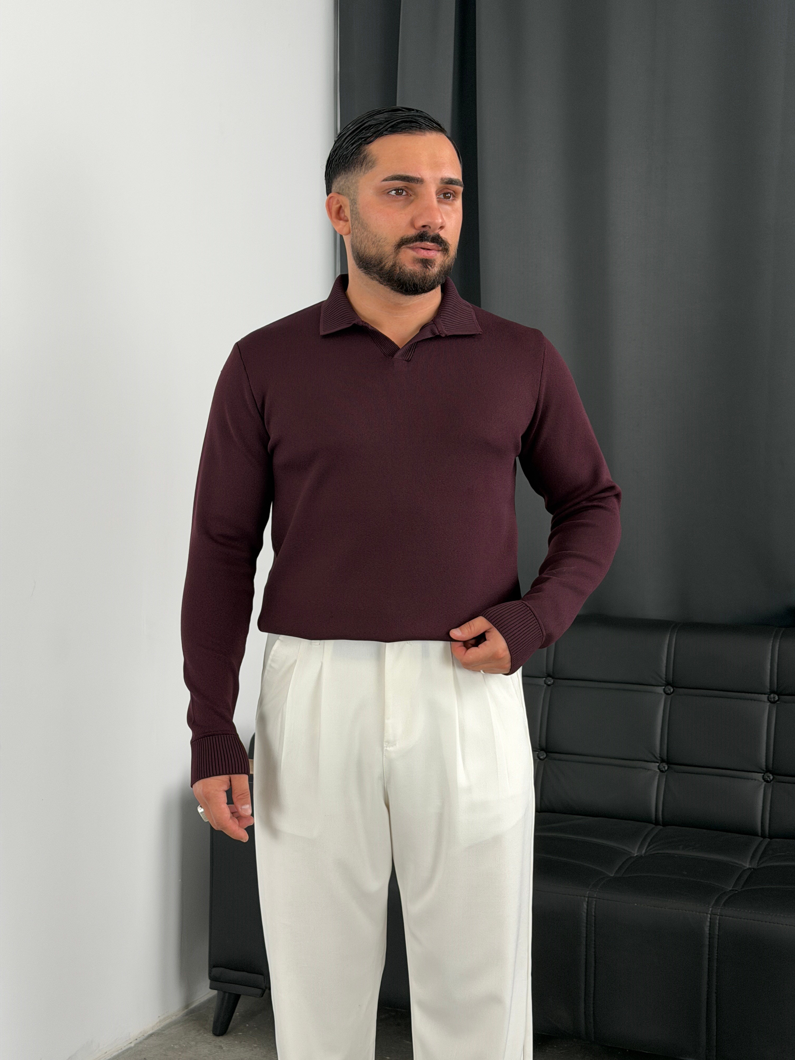 Elmas %100 Triko Polo Yaka Sweatshirt Bordo