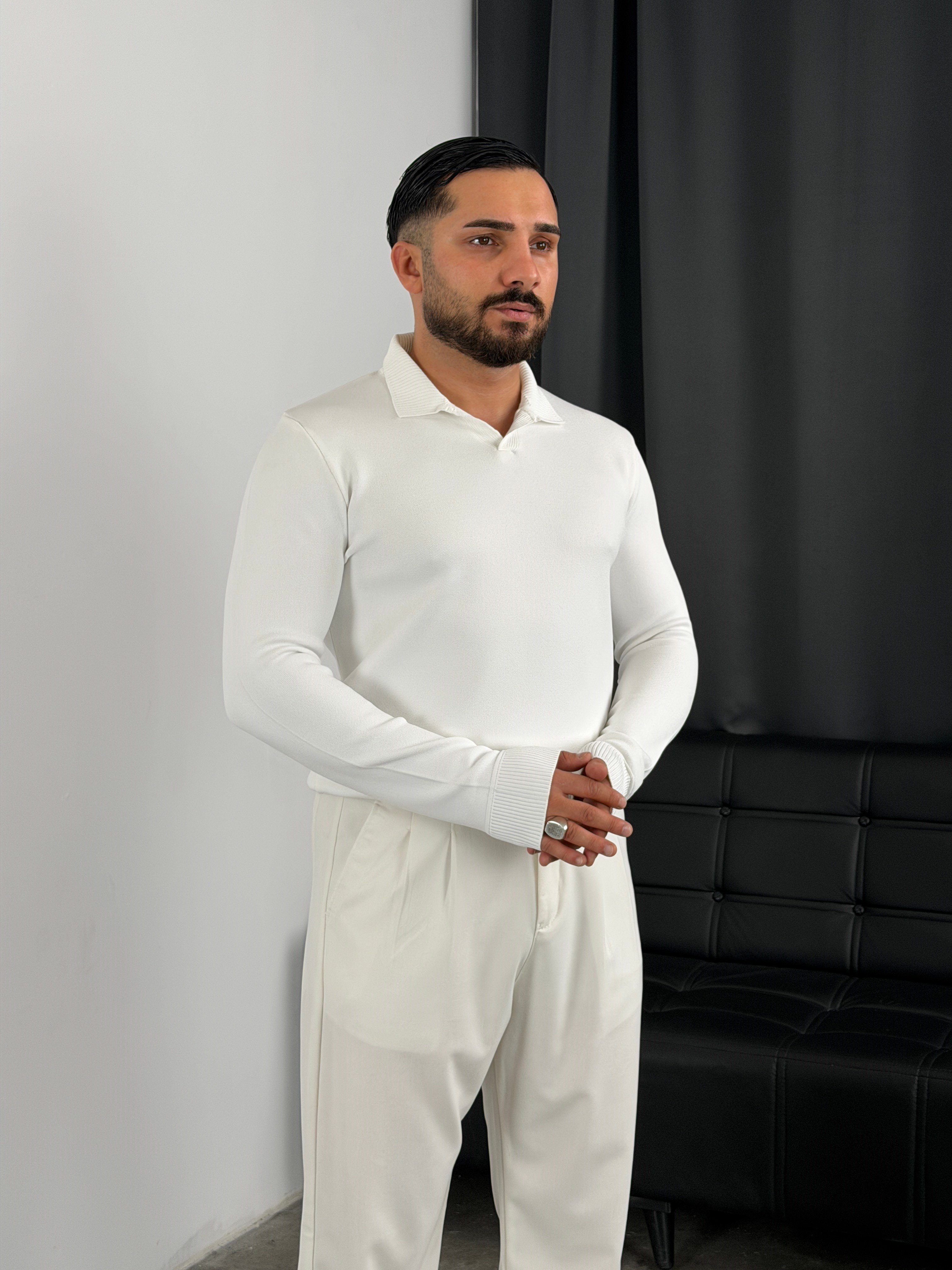 Elmas %100 Triko Polo Yaka Sweatshirt Beyaz