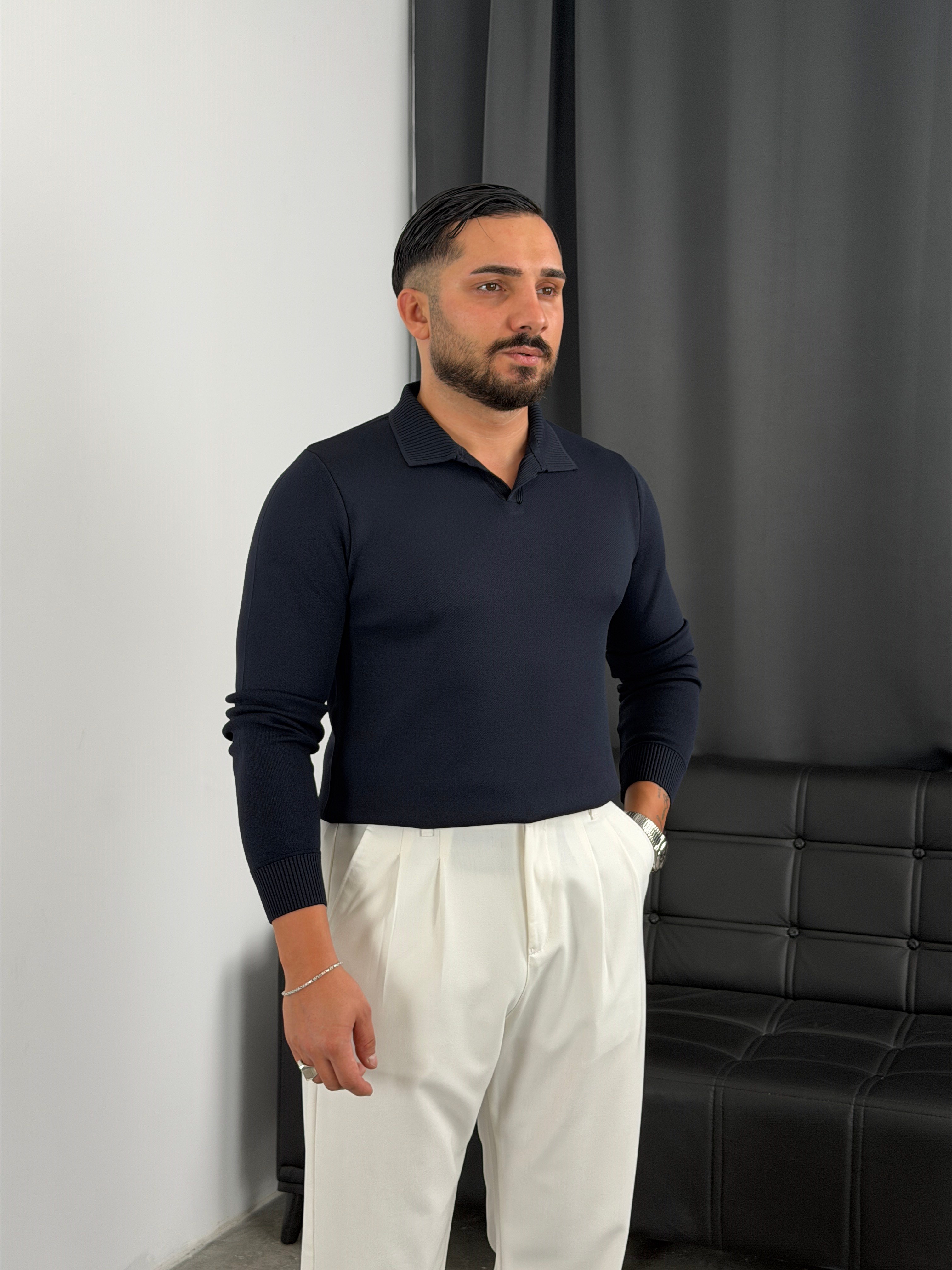 Elmas %100 Triko Polo Yaka Sweatshirt Lacivert
