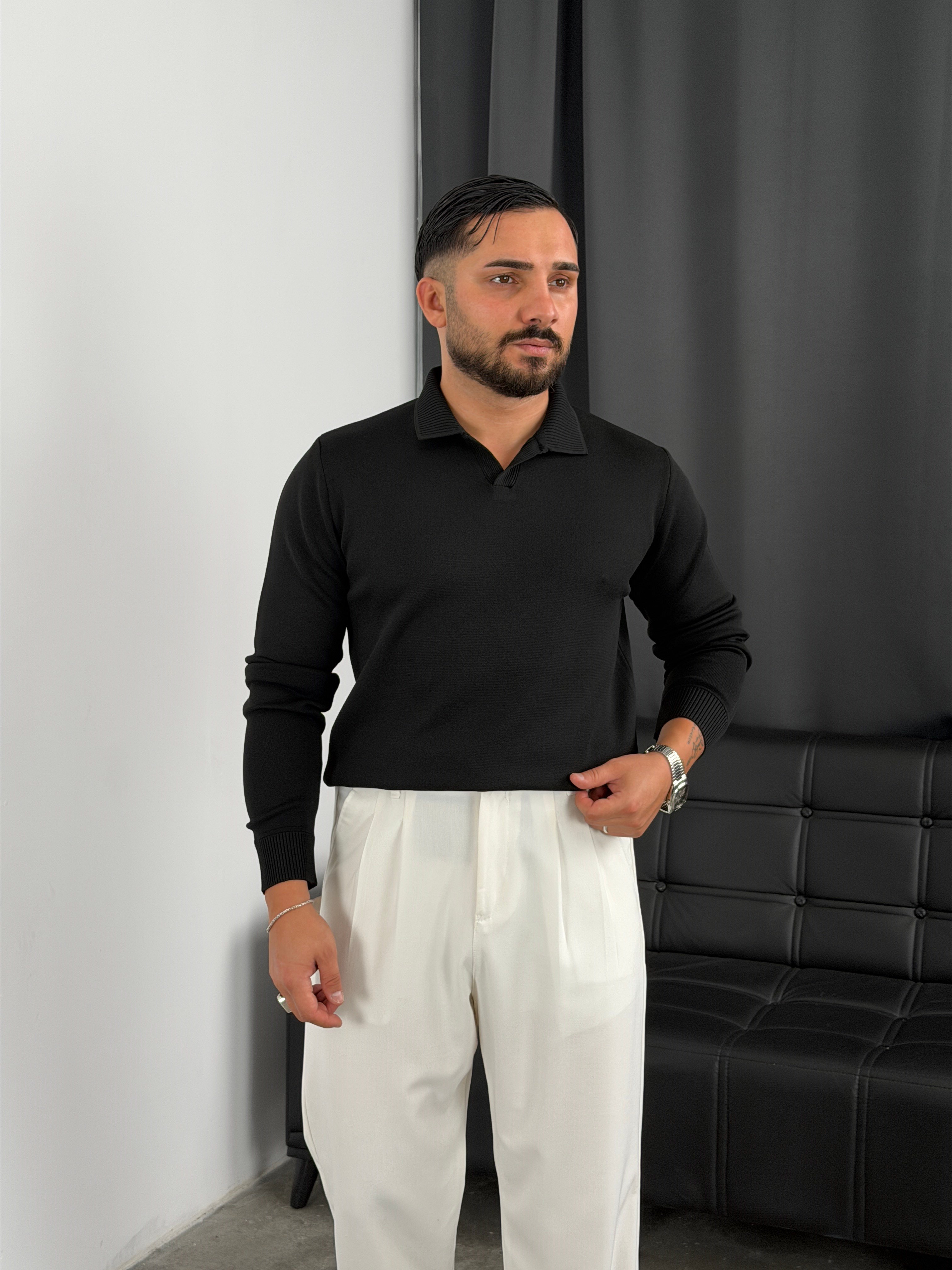 Elmas %100 Triko Polo Yaka Sweatshirt Siyah