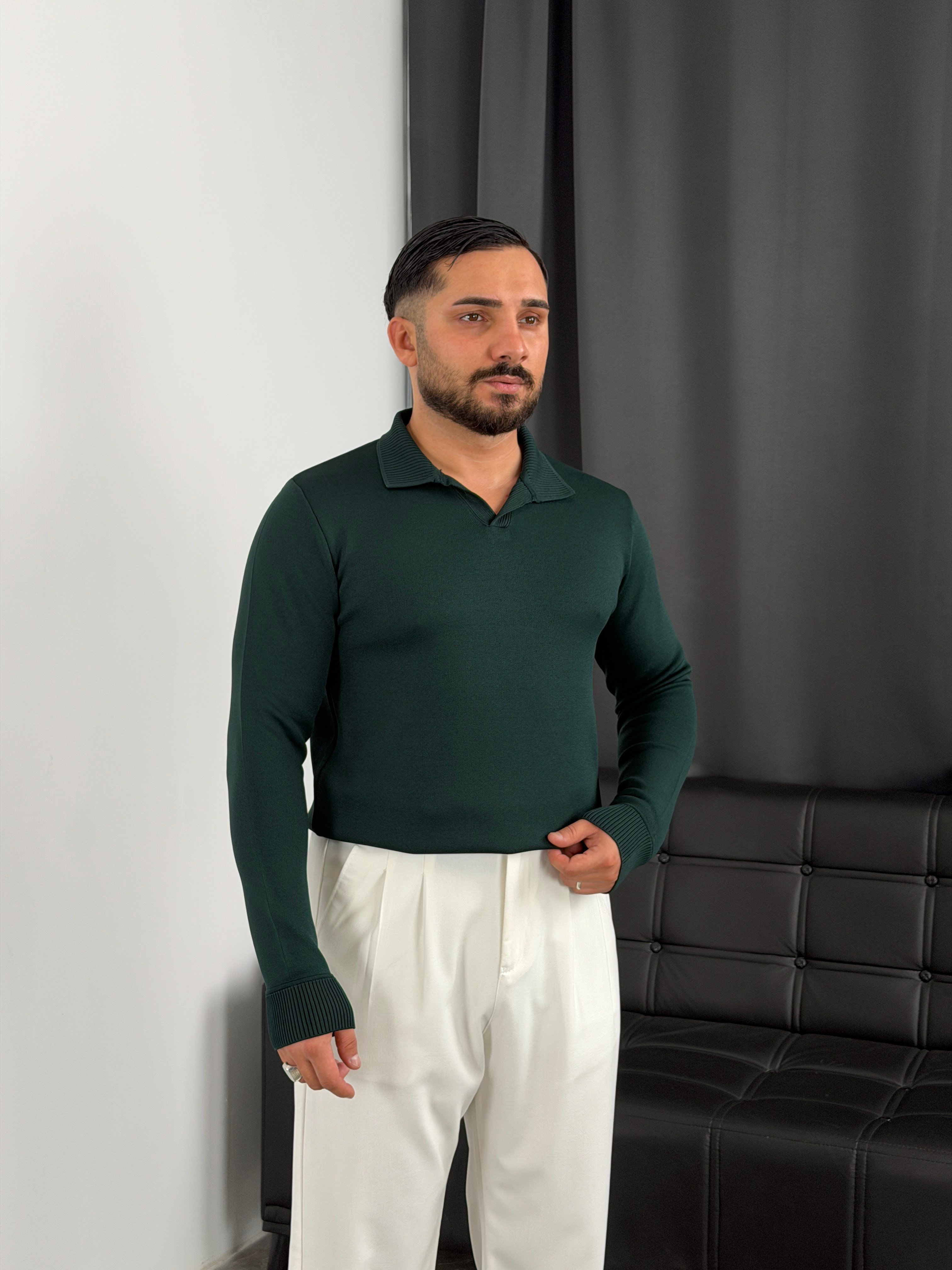 Elmas %100 Triko Polo Yaka Sweatshirt Zümrüt Yeşili