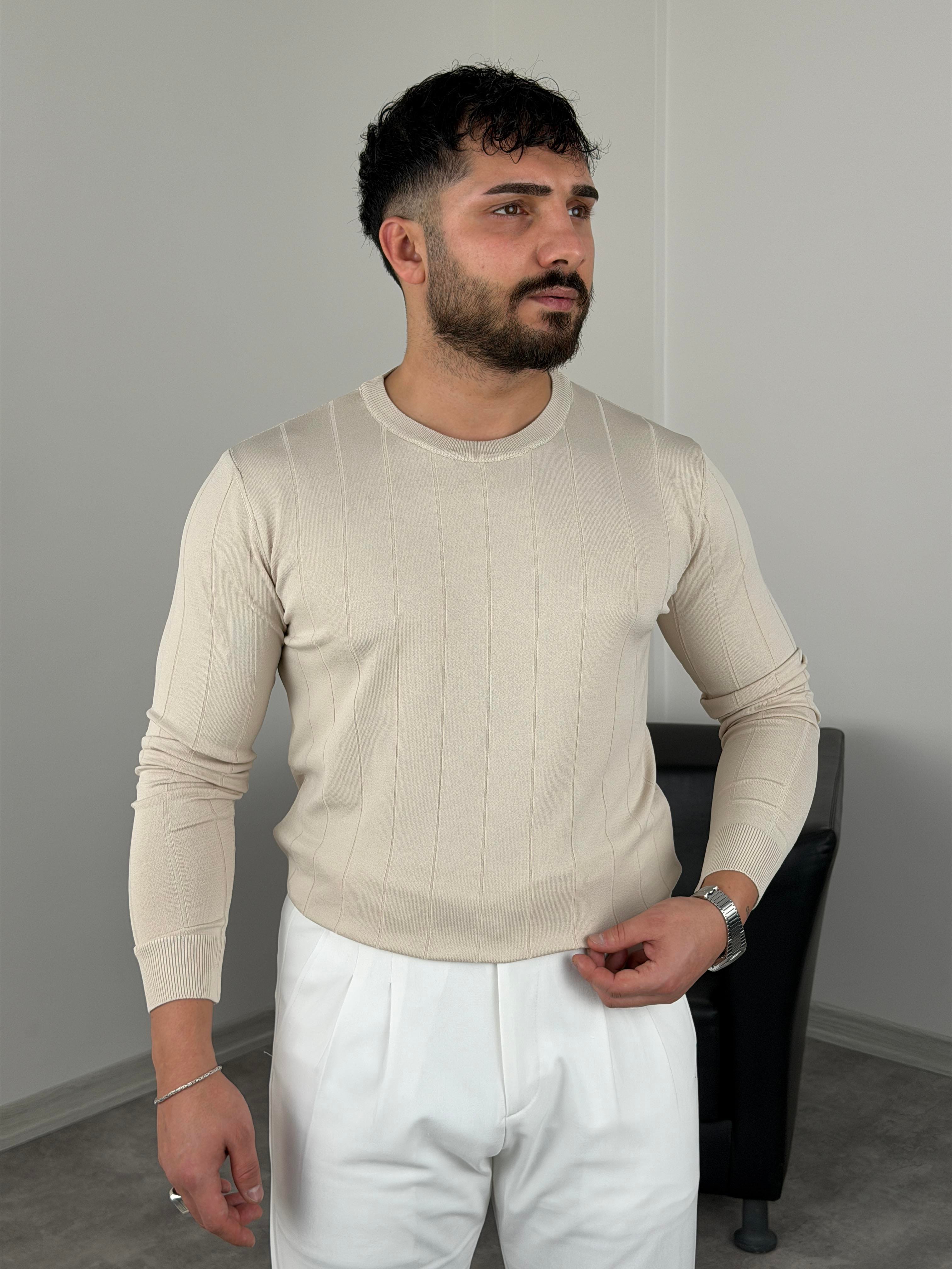 ELMAS KUMAŞ ÇİZGİLİ TRİKO SWEATSHİRT BEJ