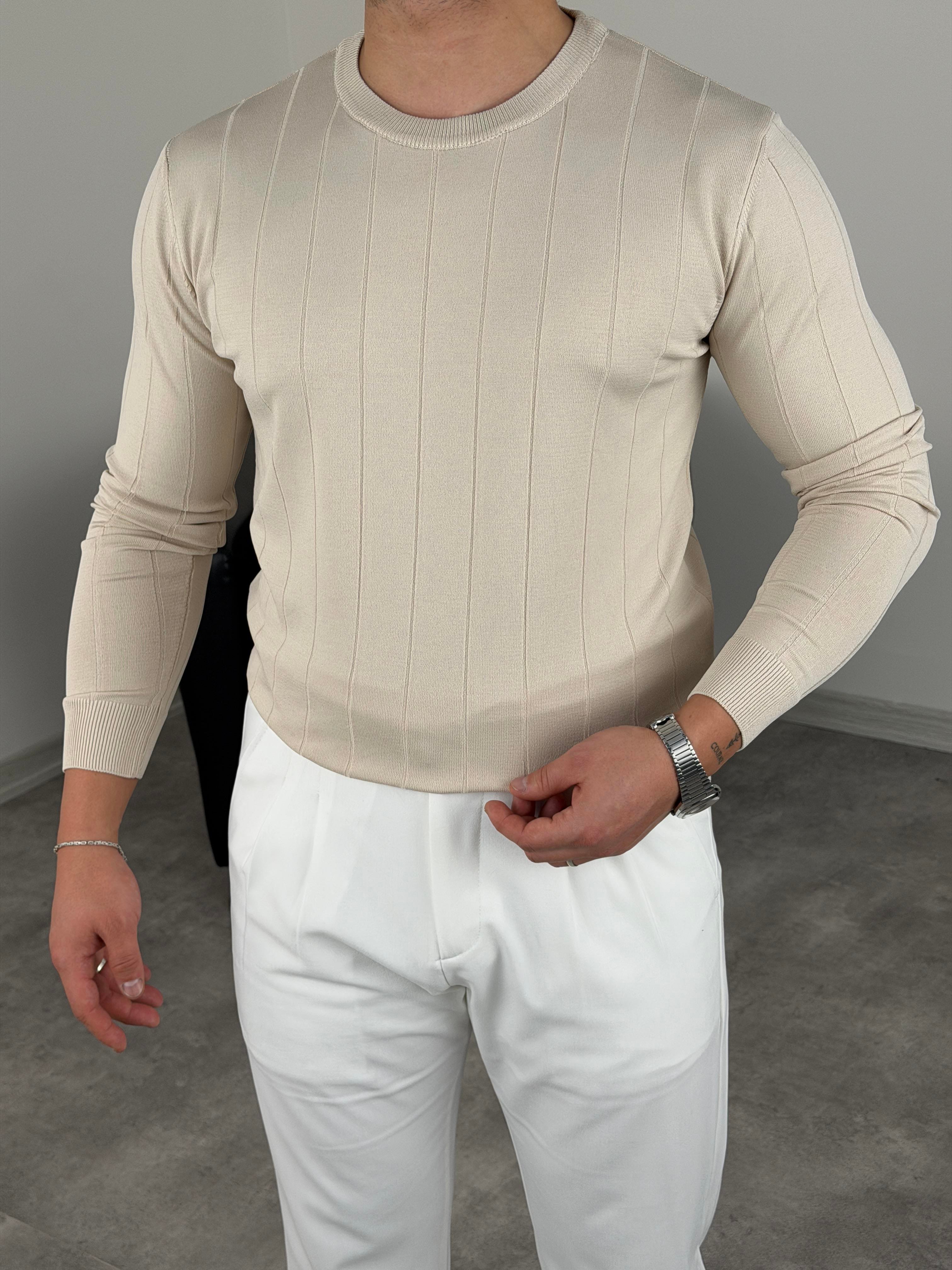 ELMAS KUMAŞ ÇİZGİLİ TRİKO SWEATSHİRT BEJ