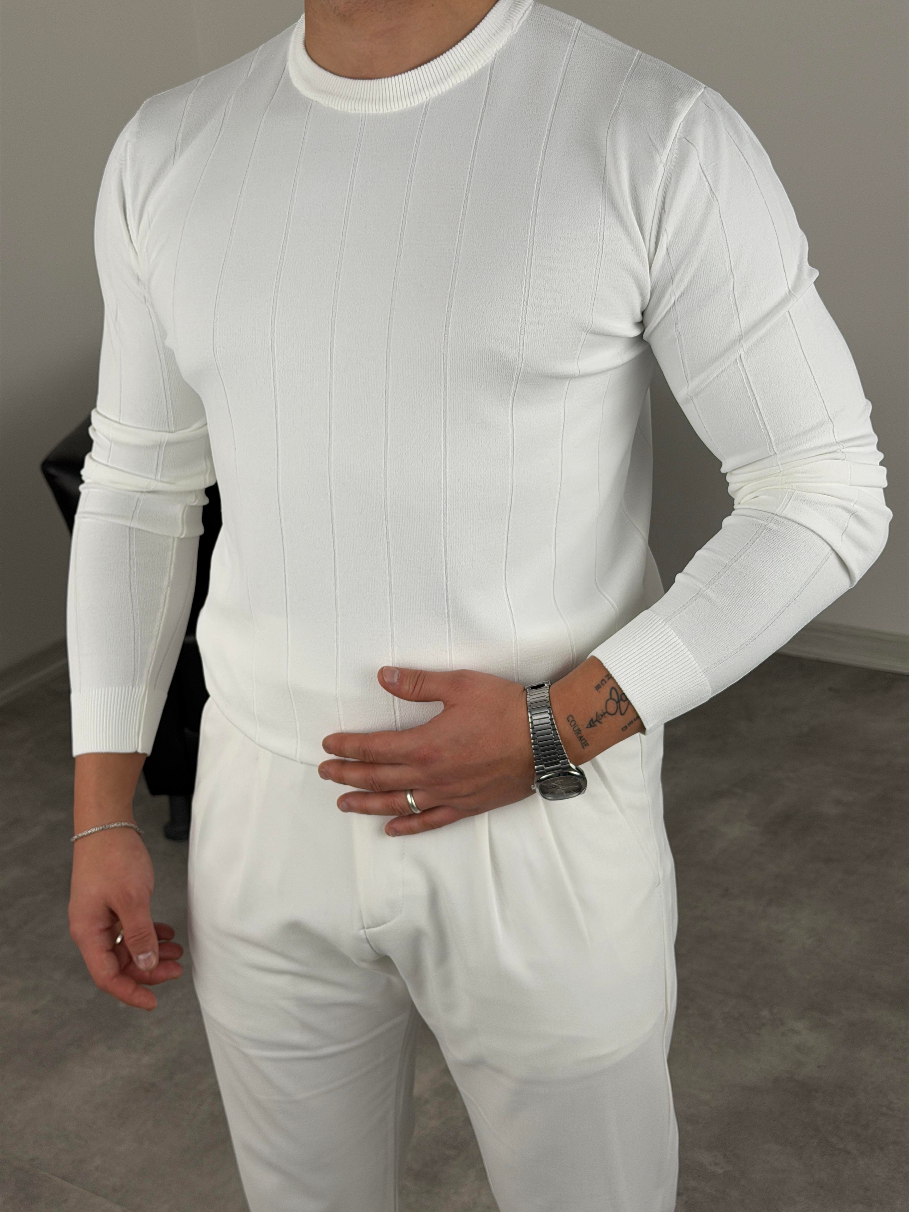 ELMAS KUMAŞ ÇİZGİLİ TRİKO SWEATSHİRT BEYAZ