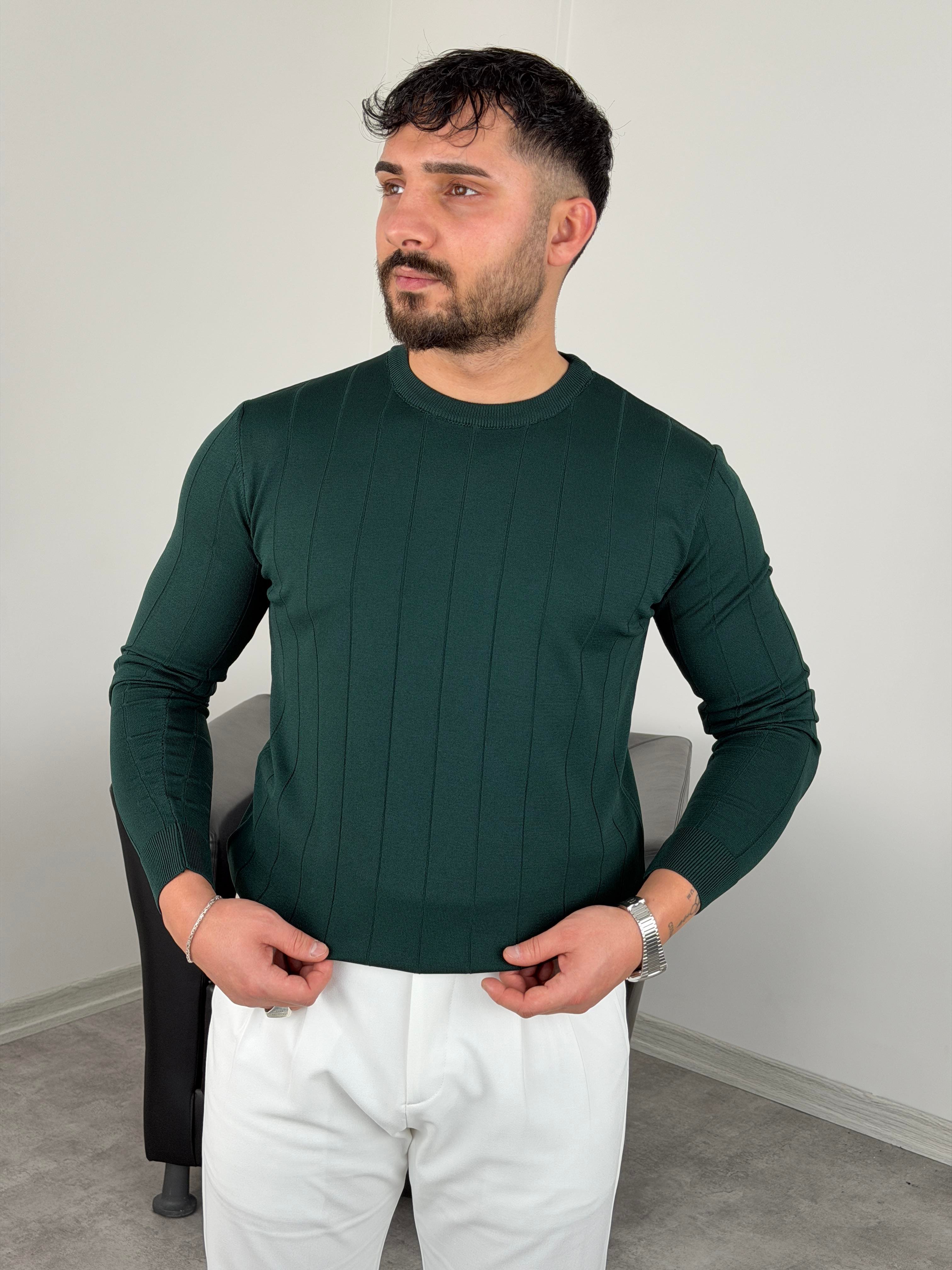 ELMAS KUMAŞ ÇİZGİLİ TRİKO SWEATSHİRT ZÜMRÜT YEŞİLİ