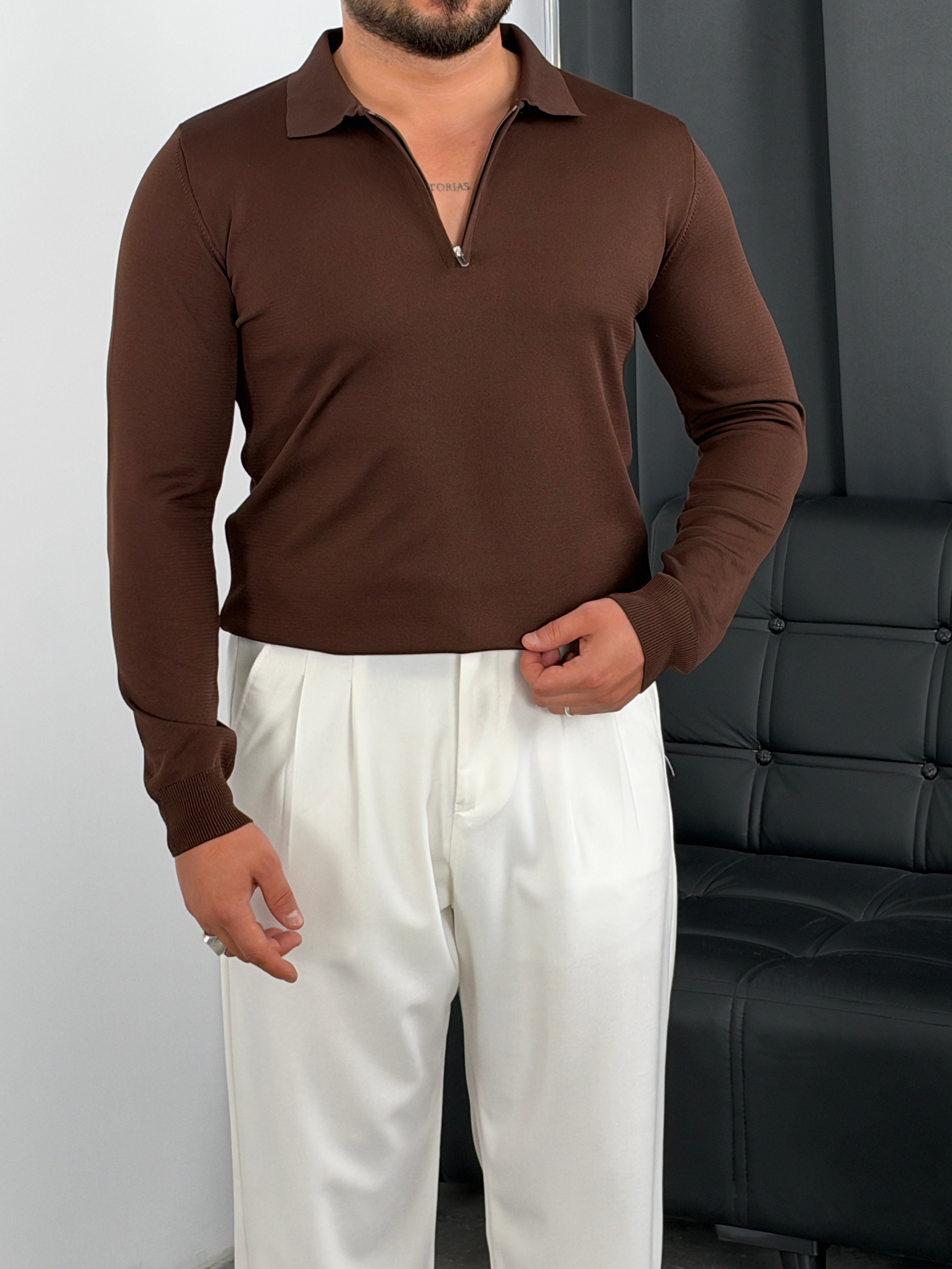 Elmas Triko Yarım Fermuar Polo Yaka Sweatshirt Acı kahve