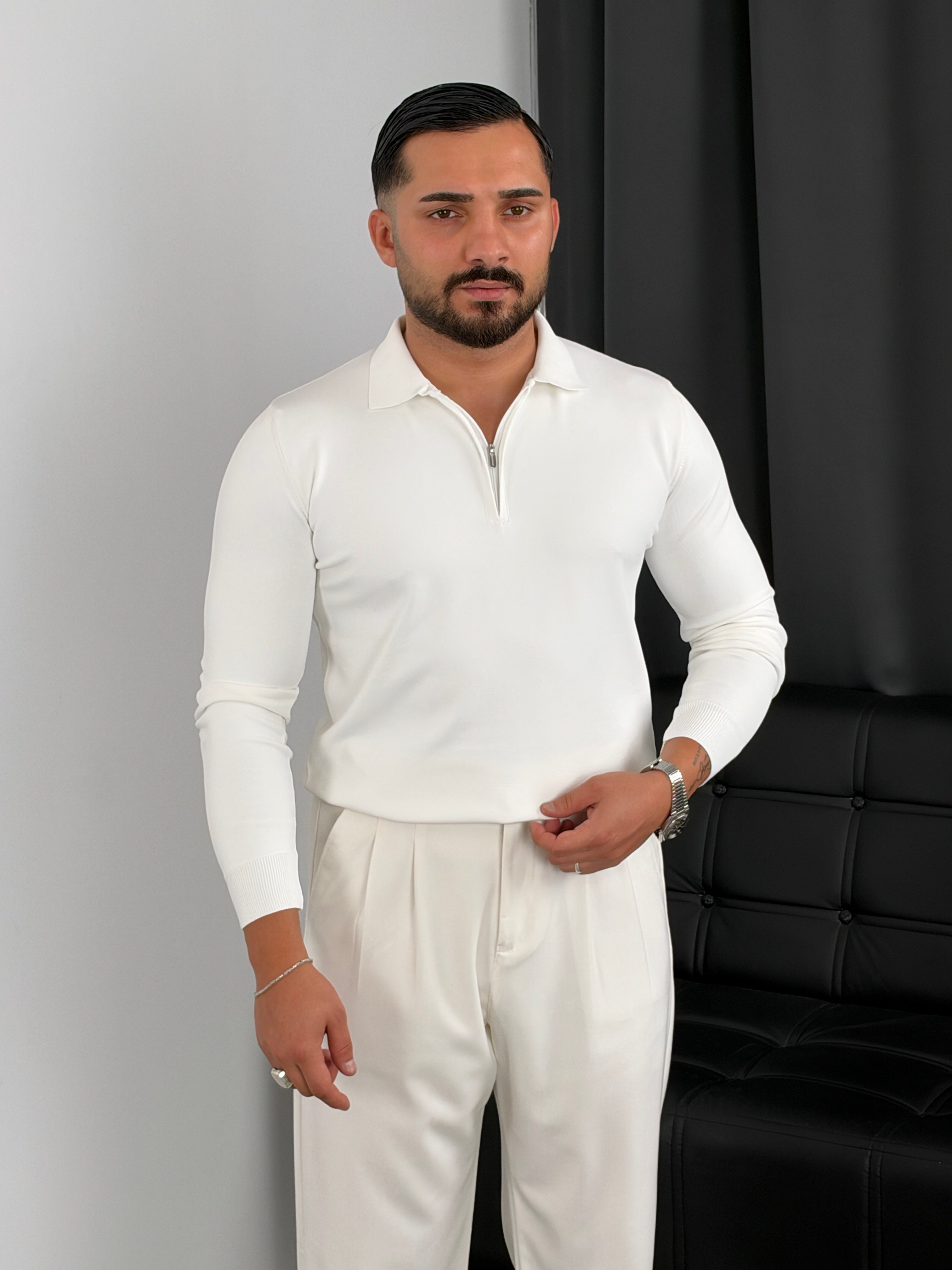 Elmas Triko Yarım Fermuar Polo Yaka Sweatshirt Beyaz