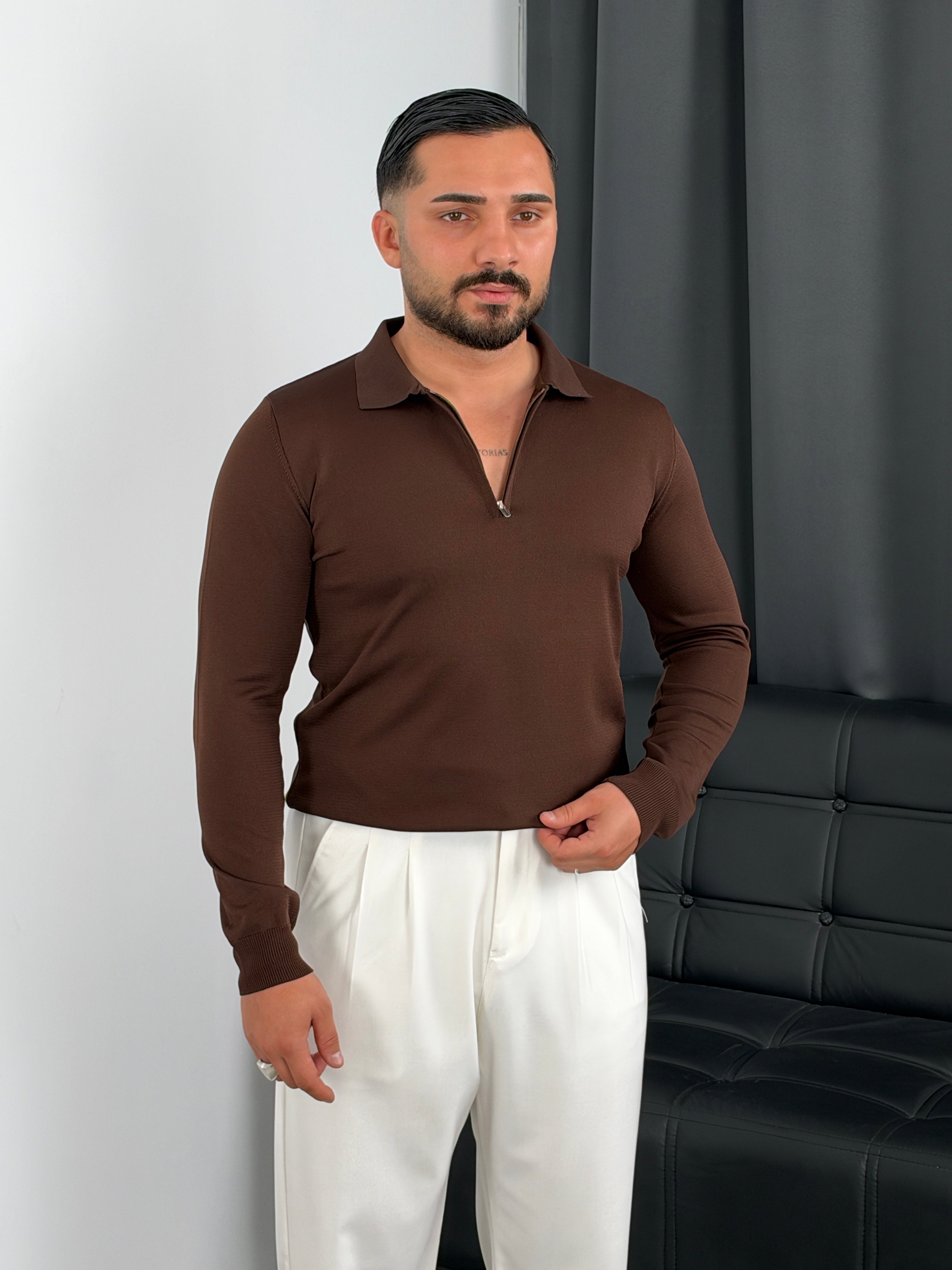 Elmas Triko Yarım Fermuar Polo Yaka Sweatshirt Acı kahve