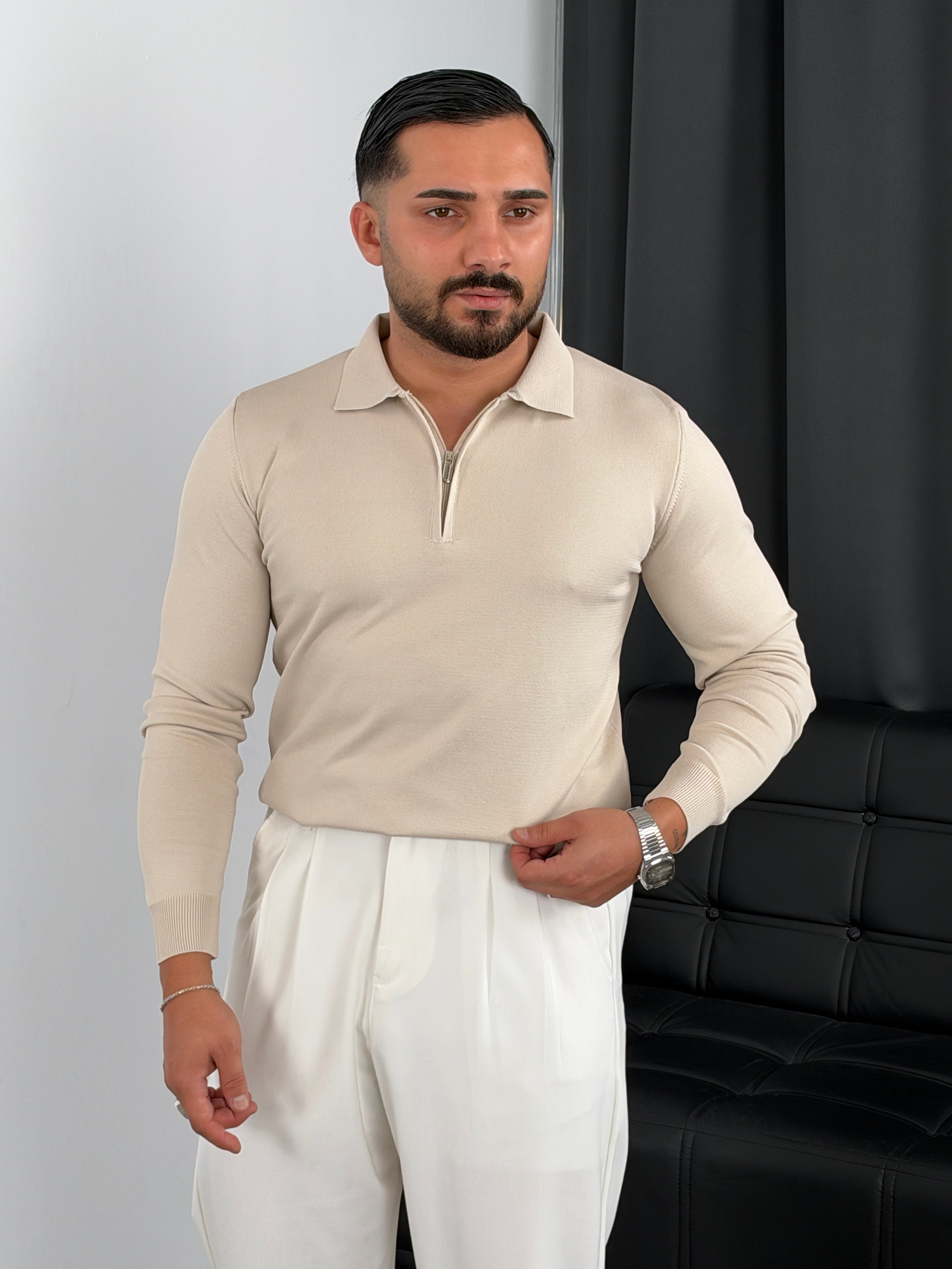 Elmas Triko Yarım Fermuar Polo Yaka Sweatshirt Bej