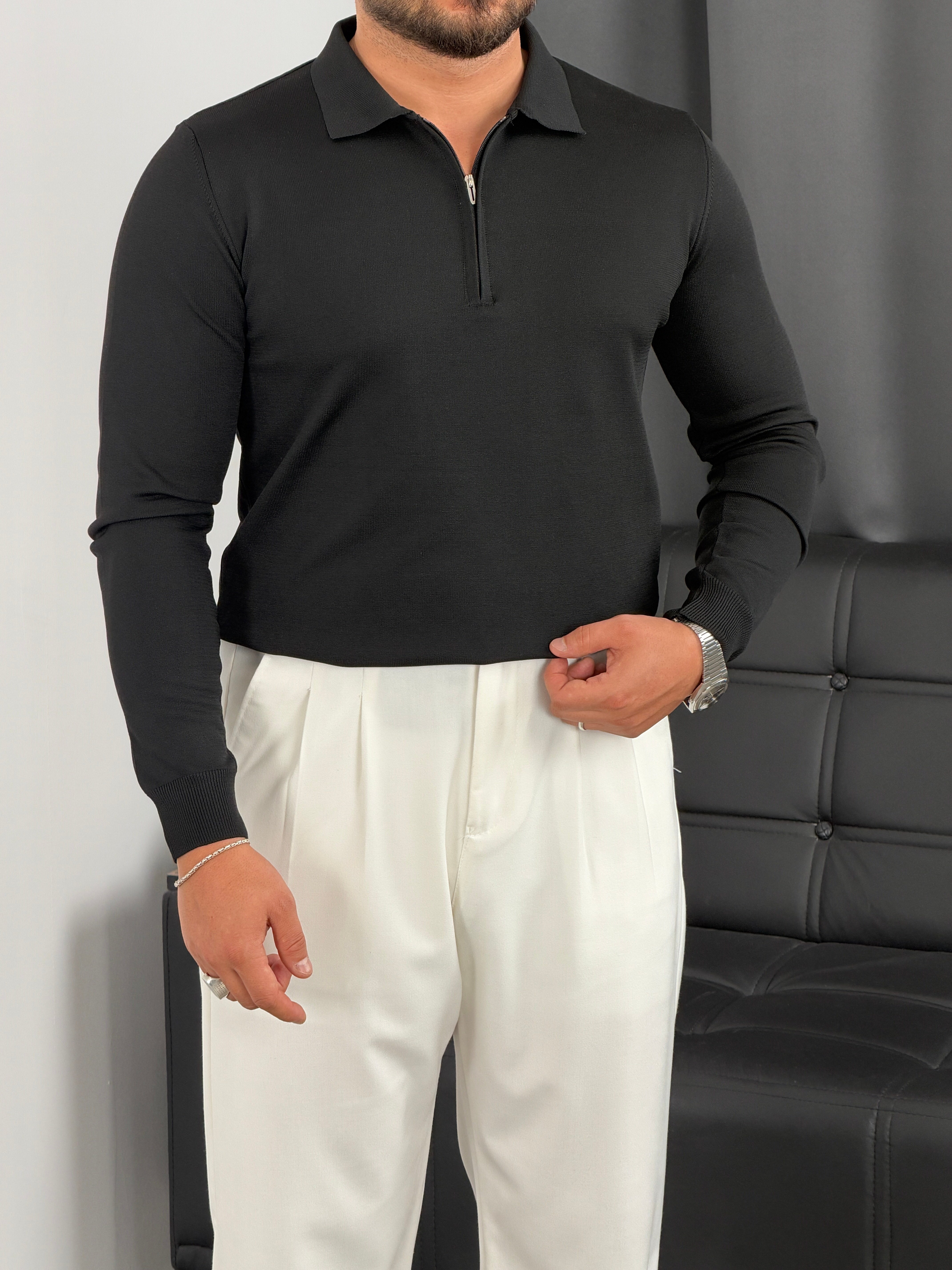 Elmas Triko Yarım Fermuar Polo Yaka Sweatshirt Siyah