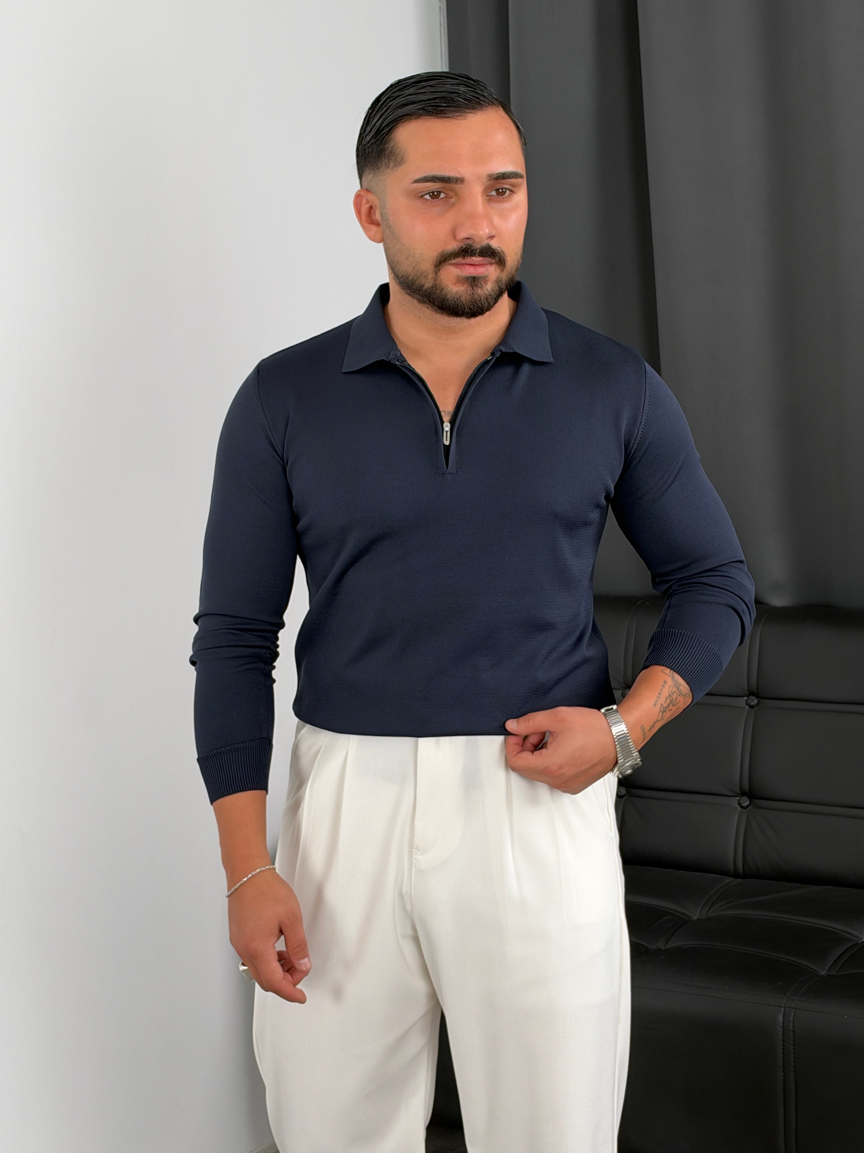 Elmas Triko Yarım Fermuar Polo Yaka Sweatshirt Lacivert
