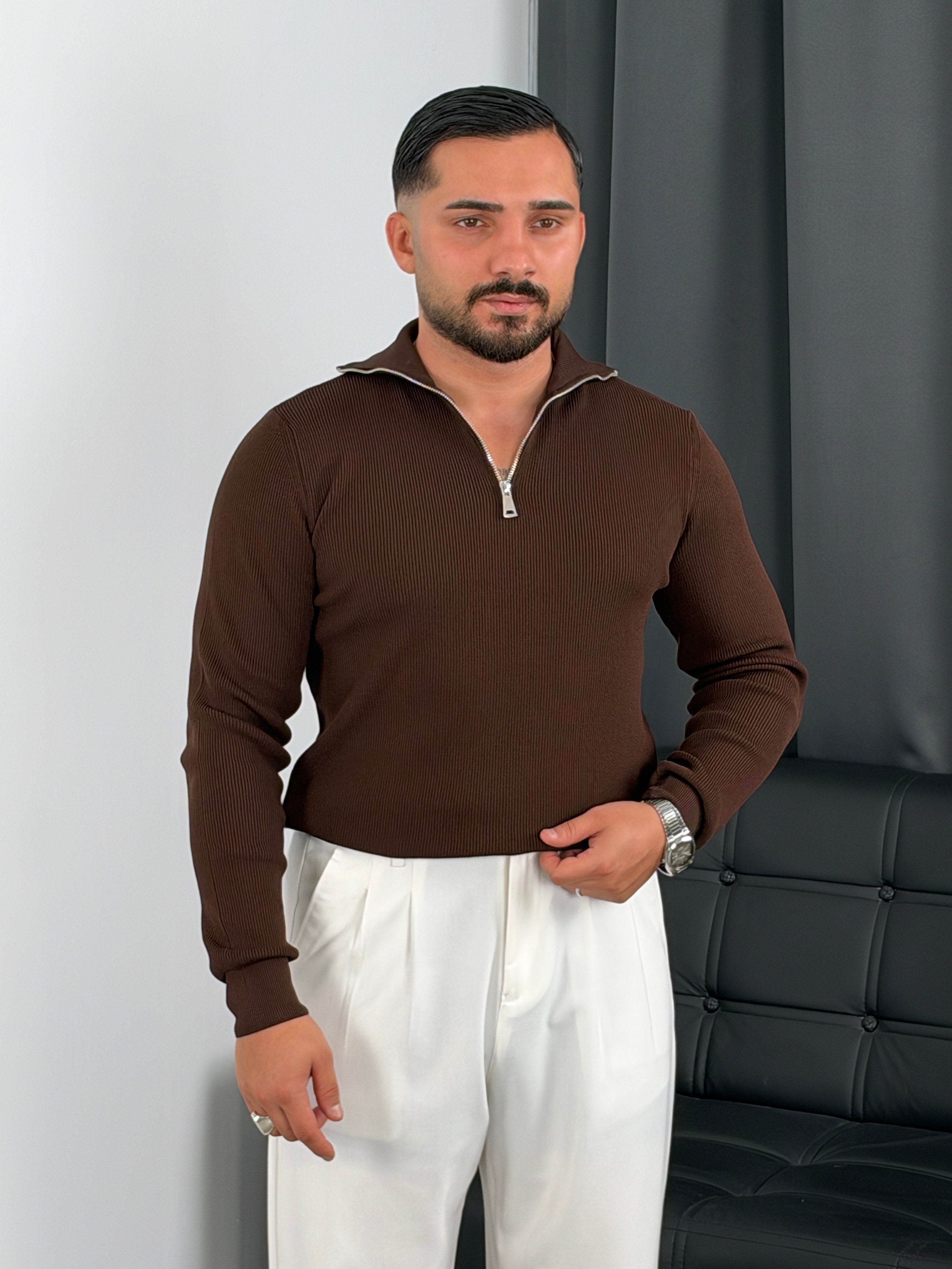 Elmas Triko Yarım Fermuar Sweatshirt Acı Kahve