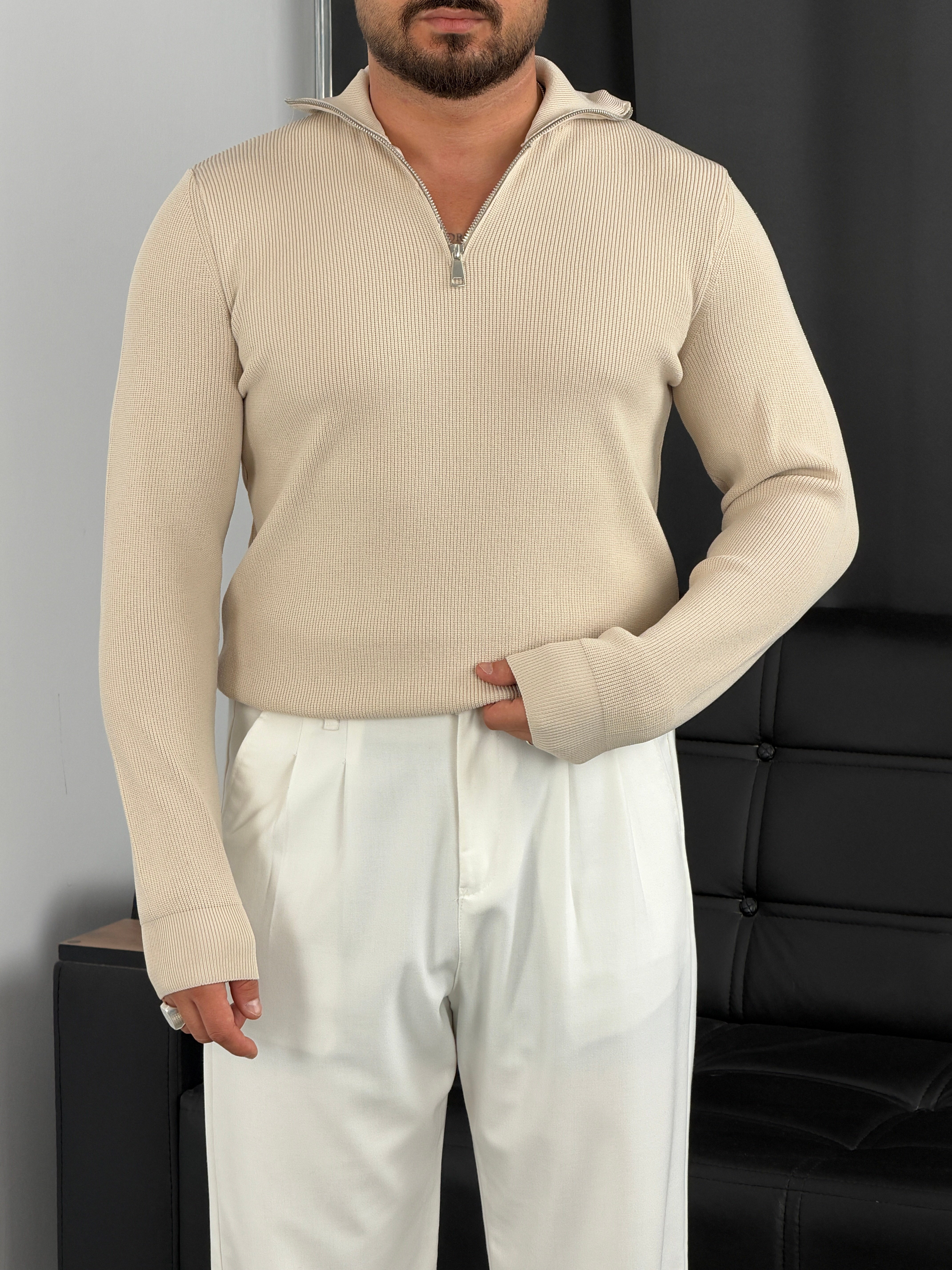 Elmas Triko Yarım Fermuar Sweatshirt Bej