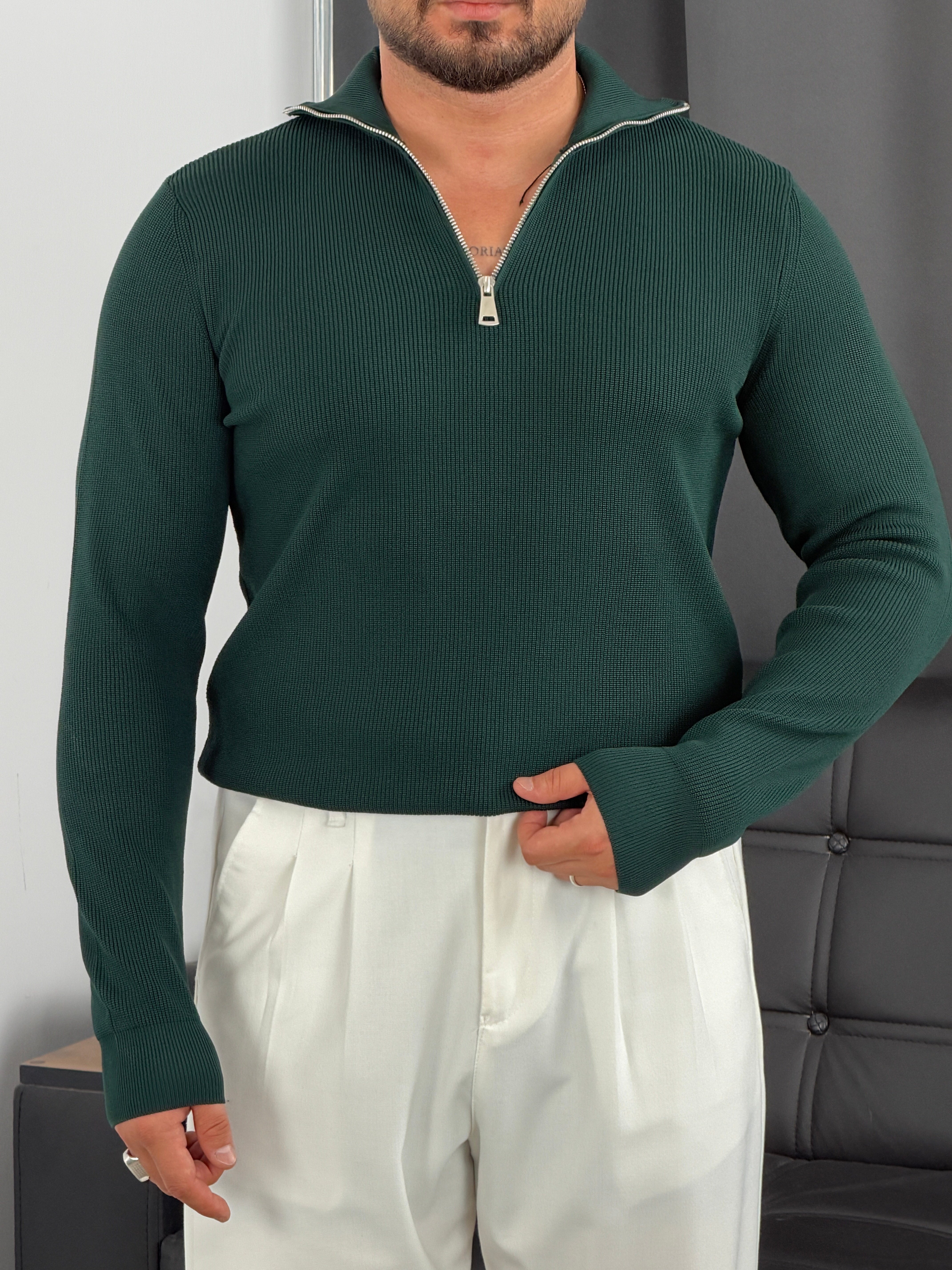 Elmas Triko Yarım Fermuar Sweatshirt Zümrüt Yeşili