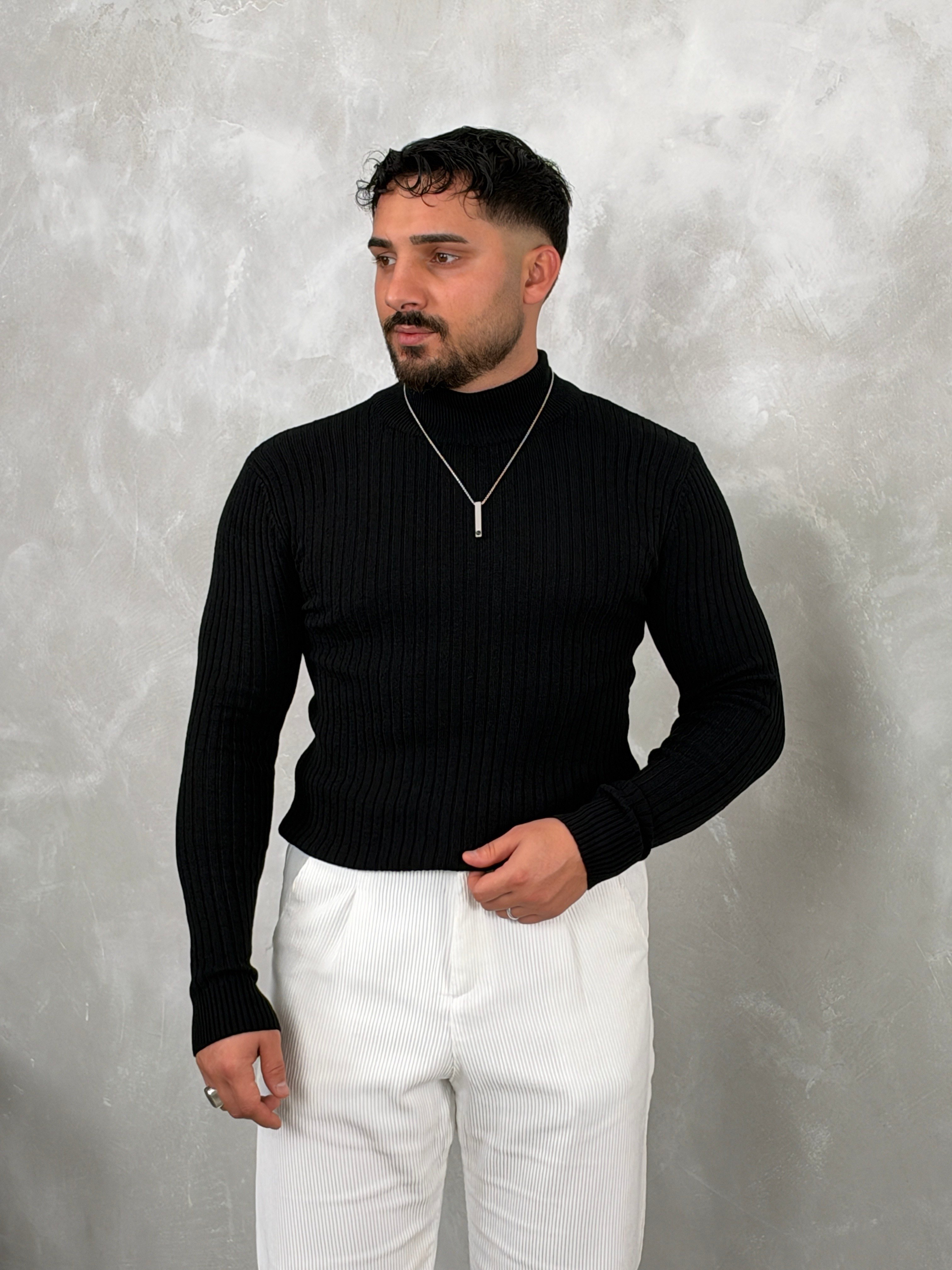 Fitilli Balıkçı Yaka Triko Sweatshirt Siyah