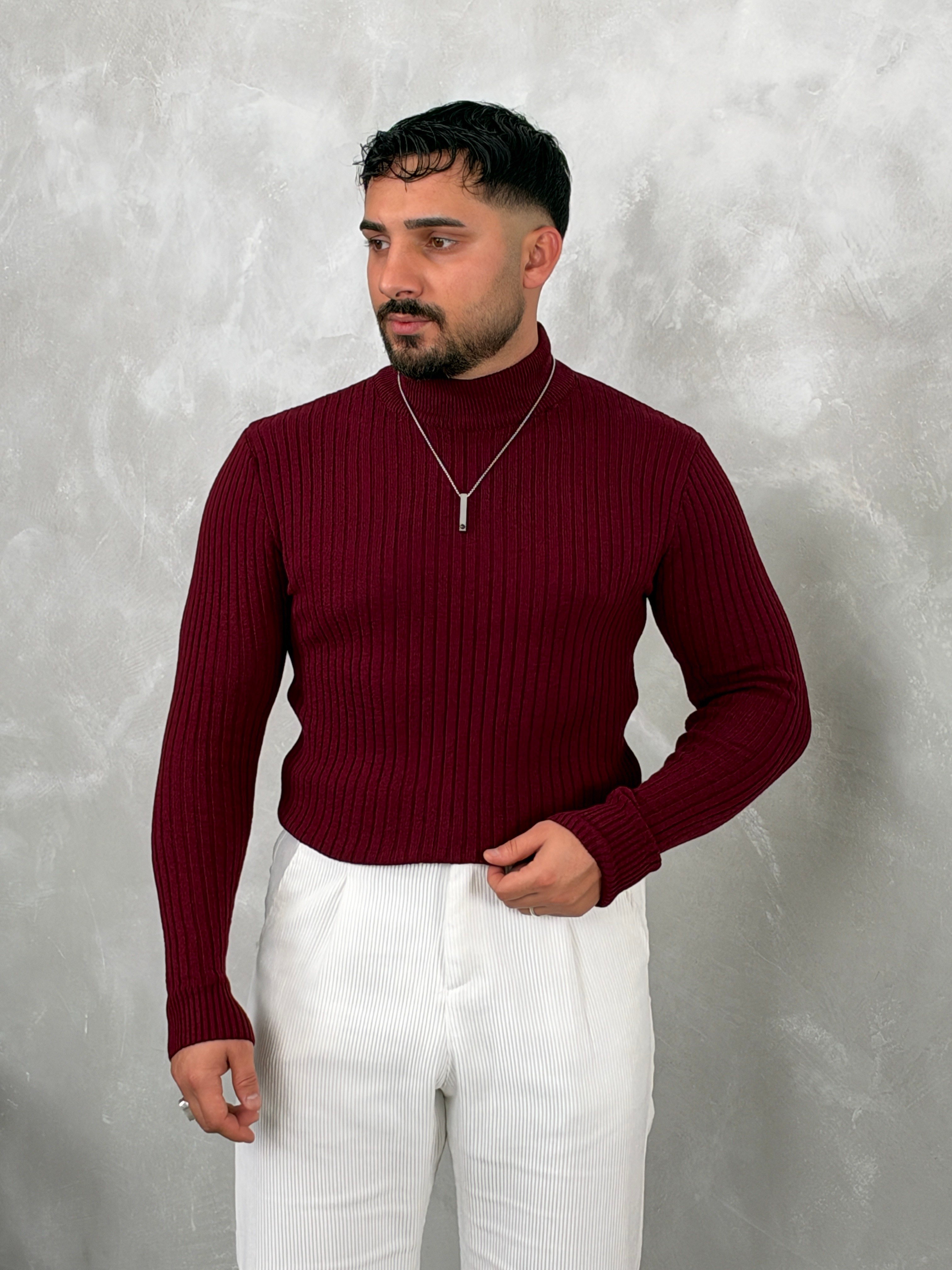Fitilli Balıkçı Yaka Triko Sweatshirt Bordo